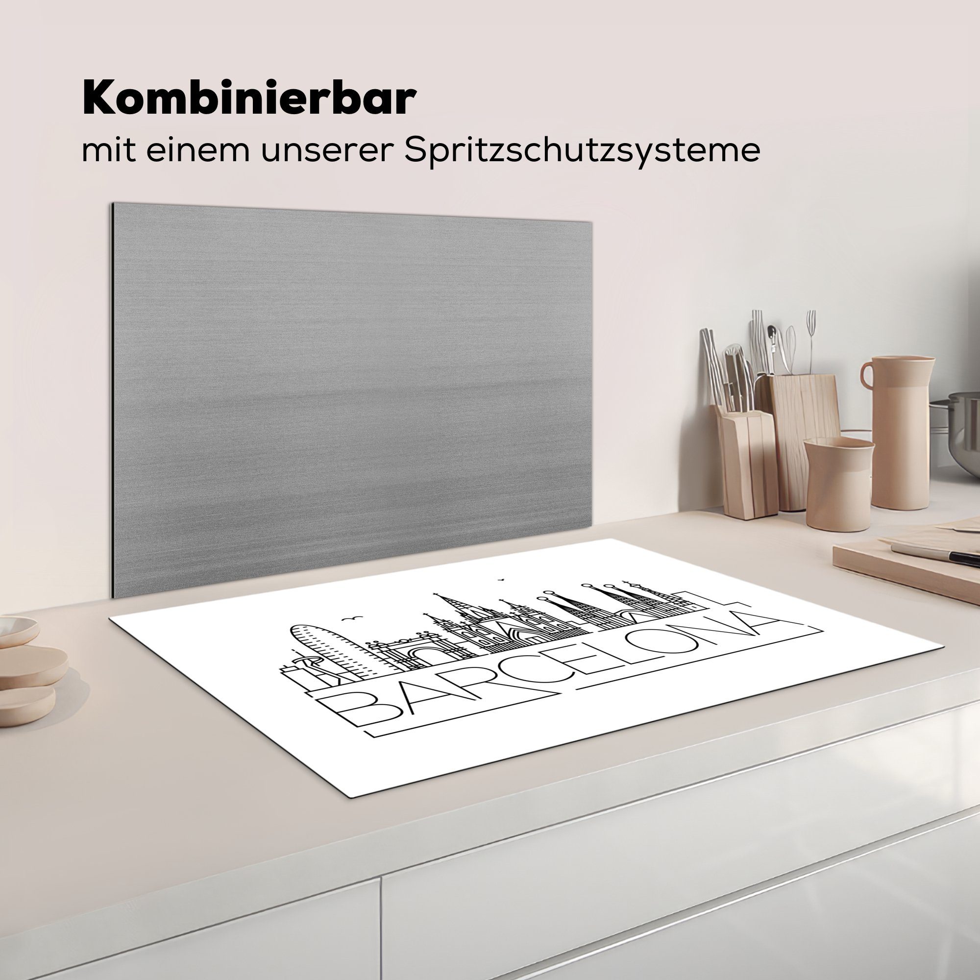 cm, für "Barcelona" die tlg), Induktionskochfeld schwarz Skyline weiß, Schutz auf Ceranfeldabdeckung Vinyl, MuchoWow küche, Herdblende-/Abdeckplatte (1 81x52