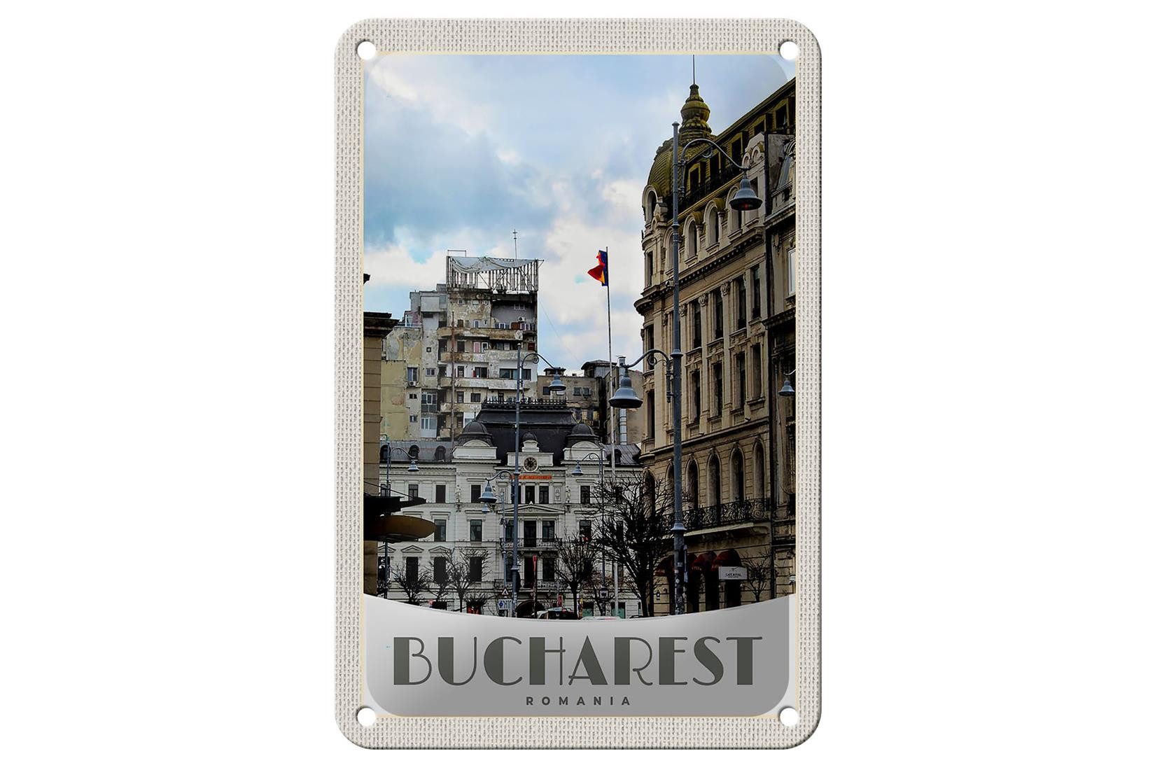 Femer GmbH Metallschild Reise 12x18cm Bukarest Rumänien Hauptstadt Urlaub Schild, (1 St), gewölbte Oberfläche, abgerundete Ecken, umgeschlagene Kanten