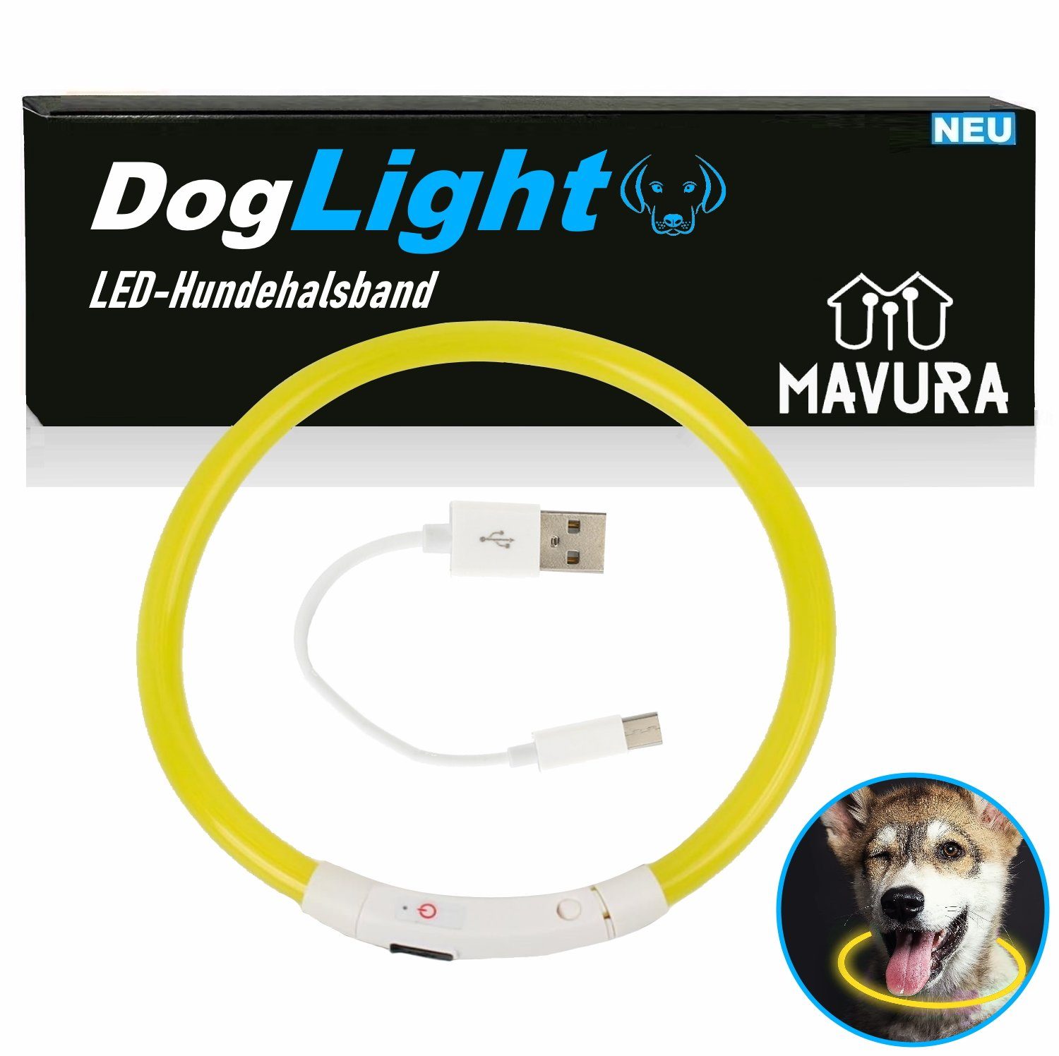 MAVURA Leuchthalsband DogLight Hunde LED Halsband Hundehalsband blinklicht USB, Leuchtband Leuchte wiederaufladbar zuschneidbar Gelb