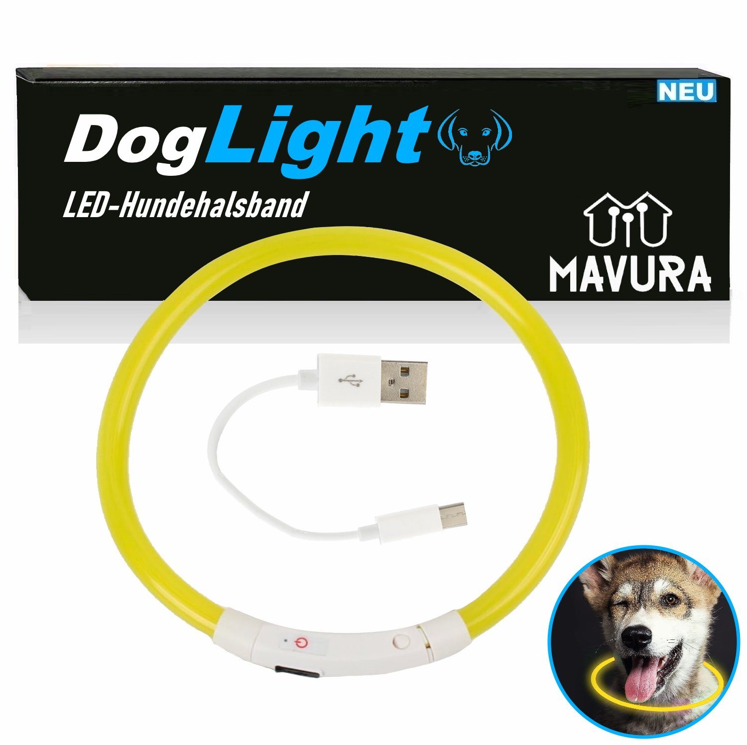 MAVURA Leuchthalsband DogLight Hunde LED Halsband Hundehalsband blinklicht  USB, Leuchtband Leuchte wiederaufladbar zuschneidbar Gelb