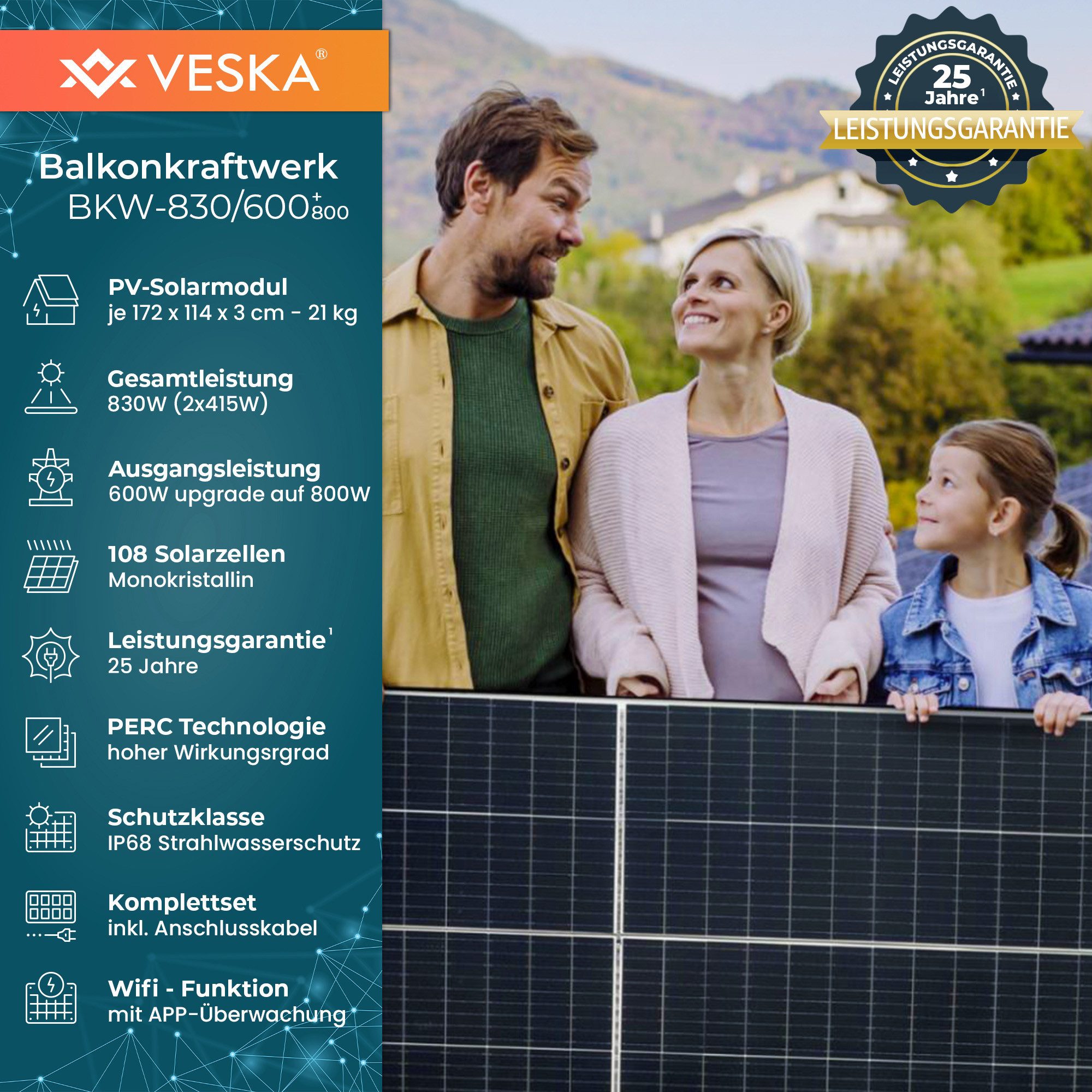 VESKA Solaranlage Balkonkraftwerk 830 W, 800,00 W, (Steckerfertig, 600 Watt Upgradebar, genehmigungsfrei, schwarz WIFI), MONO, PERC, Antireflexbeschichtung