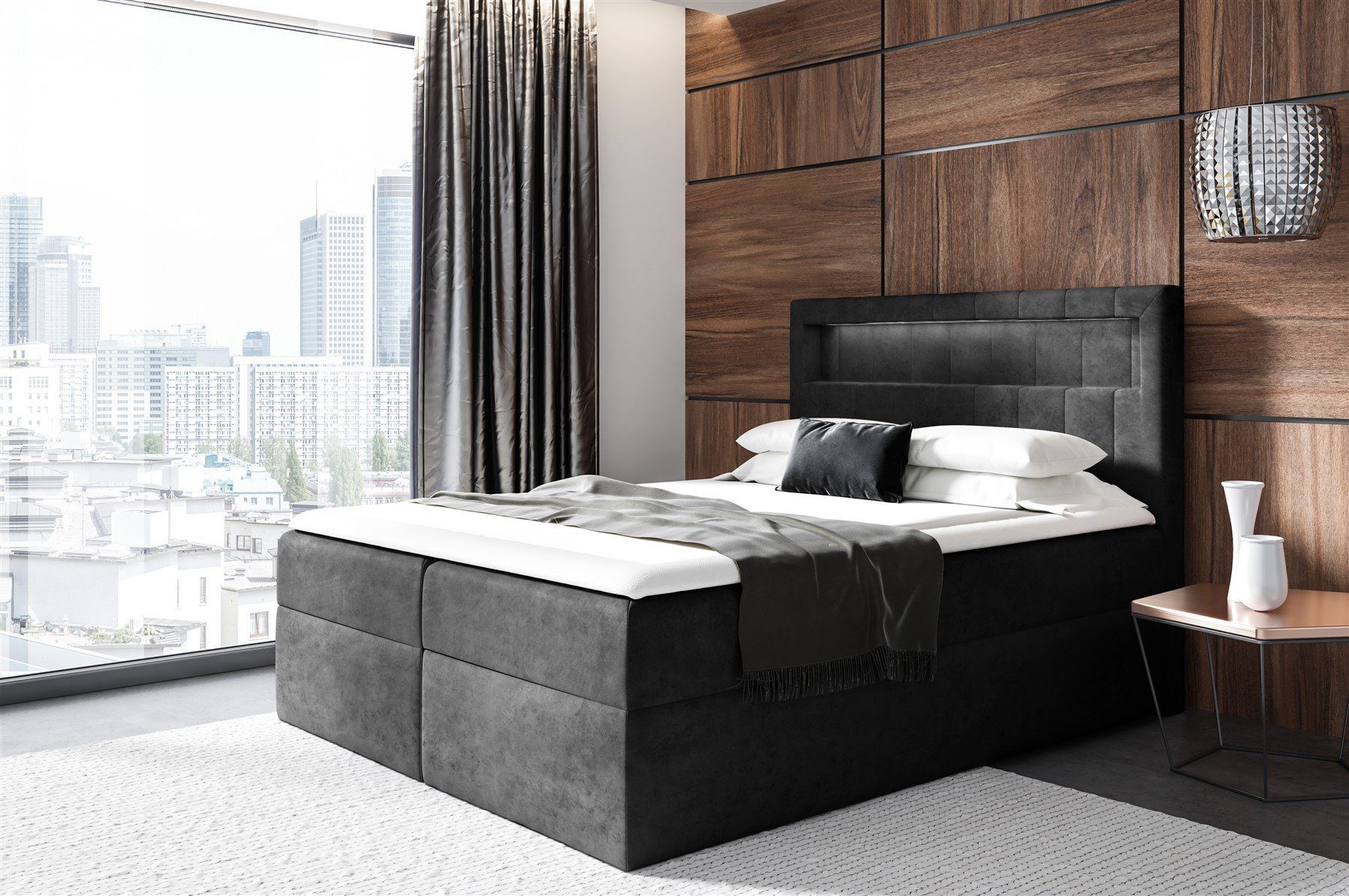 Fun Möbel Boxbett Schlafzimmerbett STORM in Stoff oder Kunstleder (Inkl. Ablagefach im Kopfteil, inkl. Bettkasten und Topper), inkl. LED-Beleuchtung (Warm- oder Kaltweiß)
