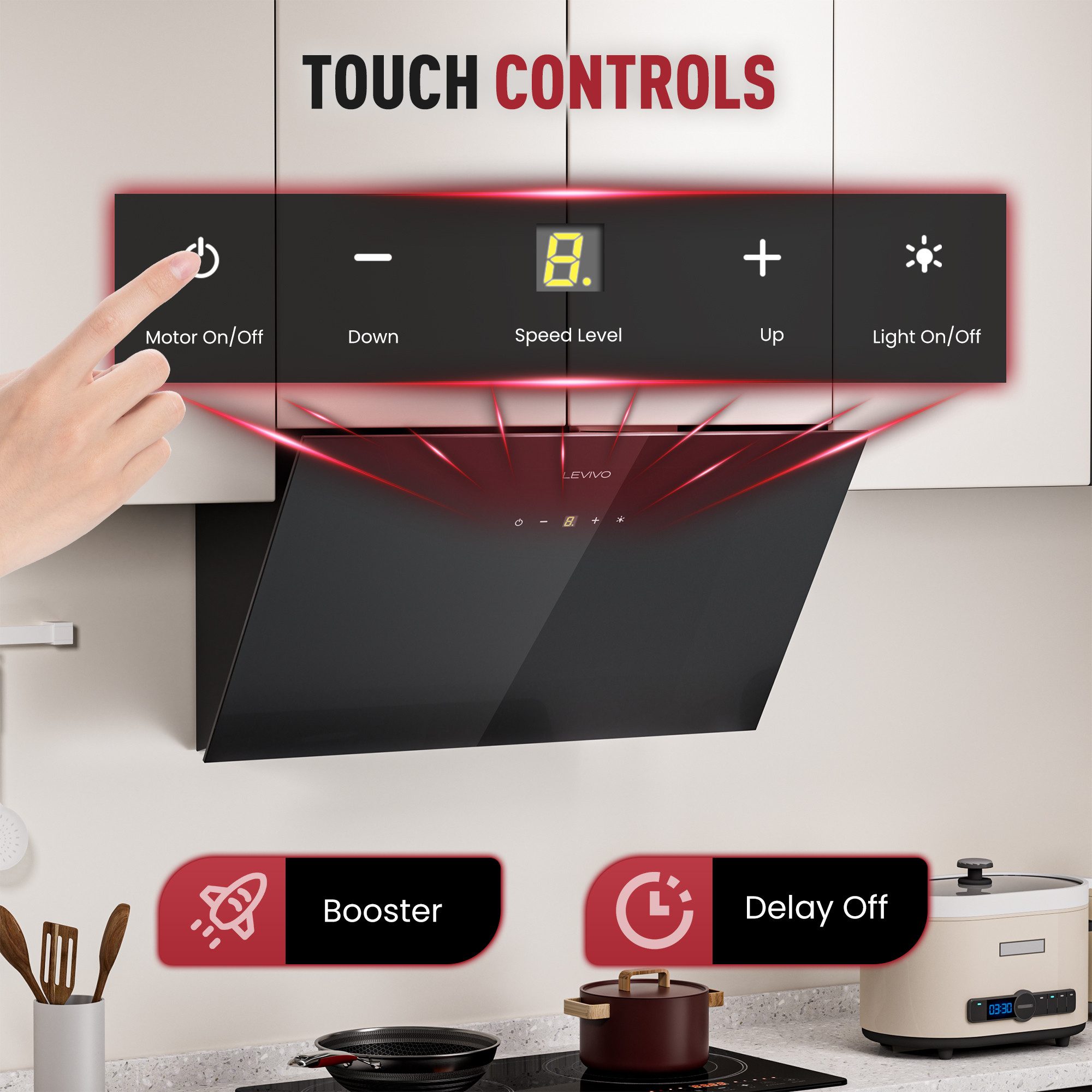 Levivo Kopffreihaube A+++ 420 m³/h Dunstabzugshaube 60cm Umluft & Abluft A+++ 420 m³/h Dunstabzugshaube 60cm Umluft & Abluft, Aktivkohlefiltern, Fettfiltern, LED-Beleuchtung