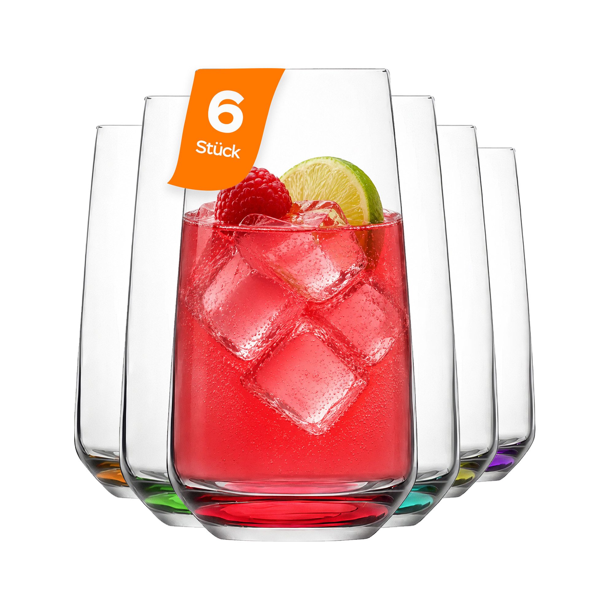LAV Gläser-Set Lal Rainbow Longdrinkgläser, 6-tlg., Glas, 6er-Set, 480ml, mit farbigem Boden