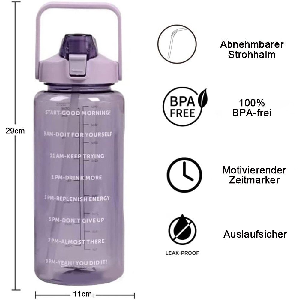 zggzerg Trinkflasche 2l Große Sport Strohhalm und Trinkflasche Zeitmarkierung Violett mit