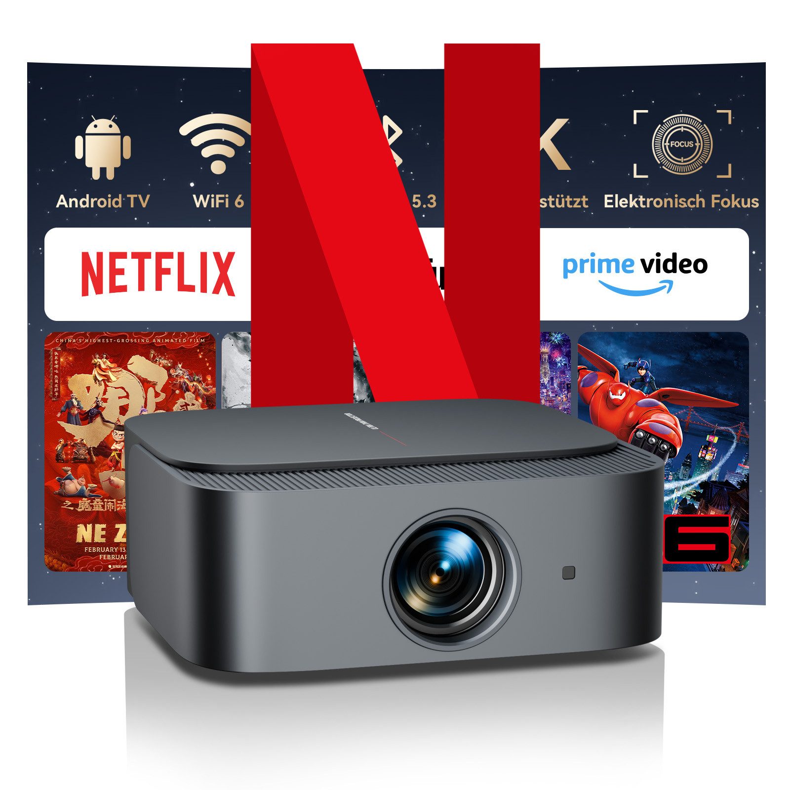 ZOOMCAT ZOOMCAT E1 Beamer 4K Mit Netflix Zertifizierung Beamer (25000 lm, 25000 : 1, 3840x2160, 1920x1080 px, Elektrische Fokussierung, 4D 4P elektronische Trapezkorrektur)