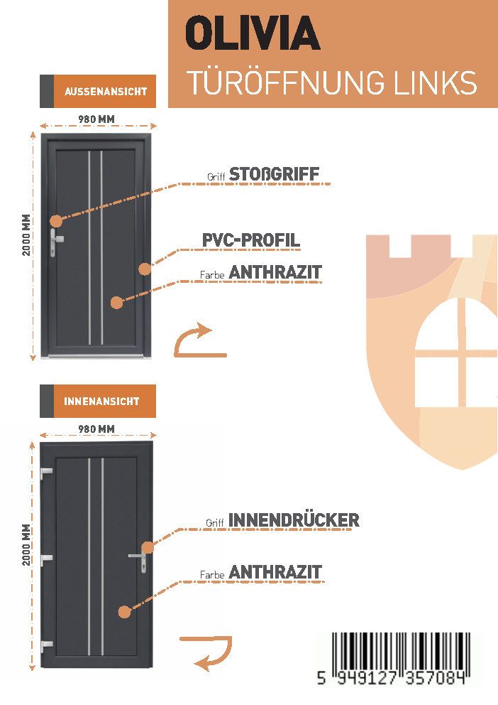 SN Deco Haustür Olivia mit Edelstahlstoßgriff/Türknopf, 980x2000 mm, Thermisch getrennte Alu-Bodenschwelle sowie Wetterschenkel