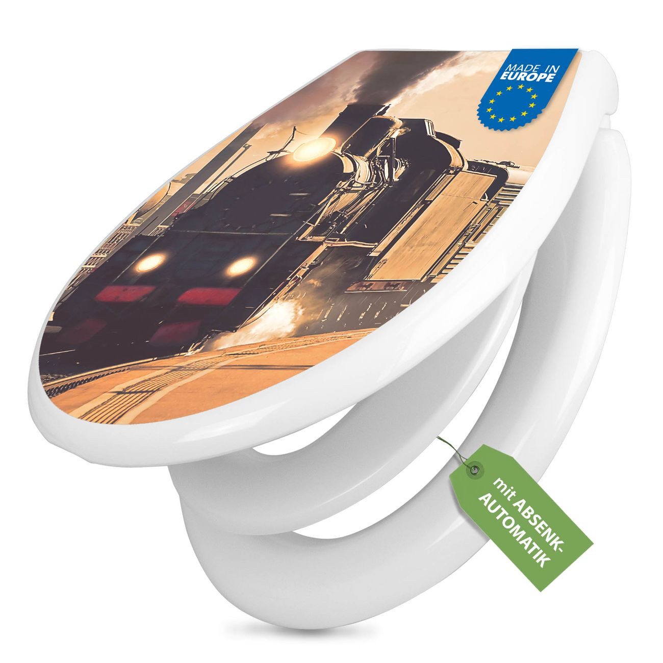 banjado WC-Sitz mit Kindersitz Motiv Einfahrender Zug (mit Kindersitz, integrierte Scharniere), 44,9 x 37,1 x 5 cm