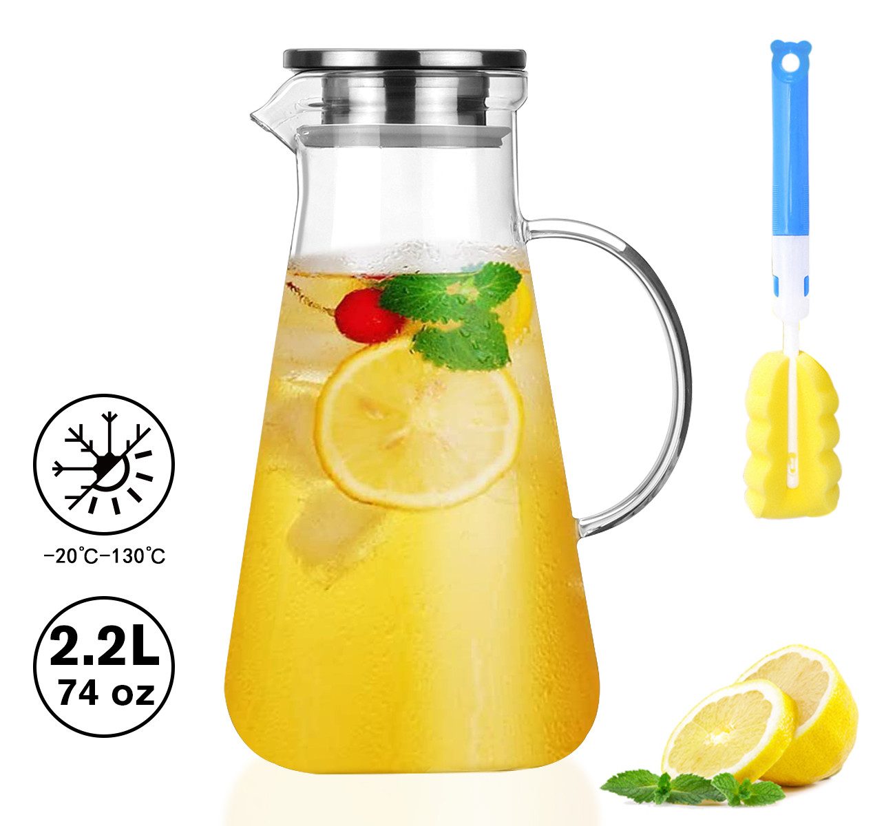 ElitVita Wasserkaraffe Wasserkaraffe 2,2L für Kalt Warmgetränke,Borosilikatglas,-30°C~130°C, (1-tlg), spülmaschinengeeignet,Flaschenbürste,hitze-und kältebeständig,BPA-frei