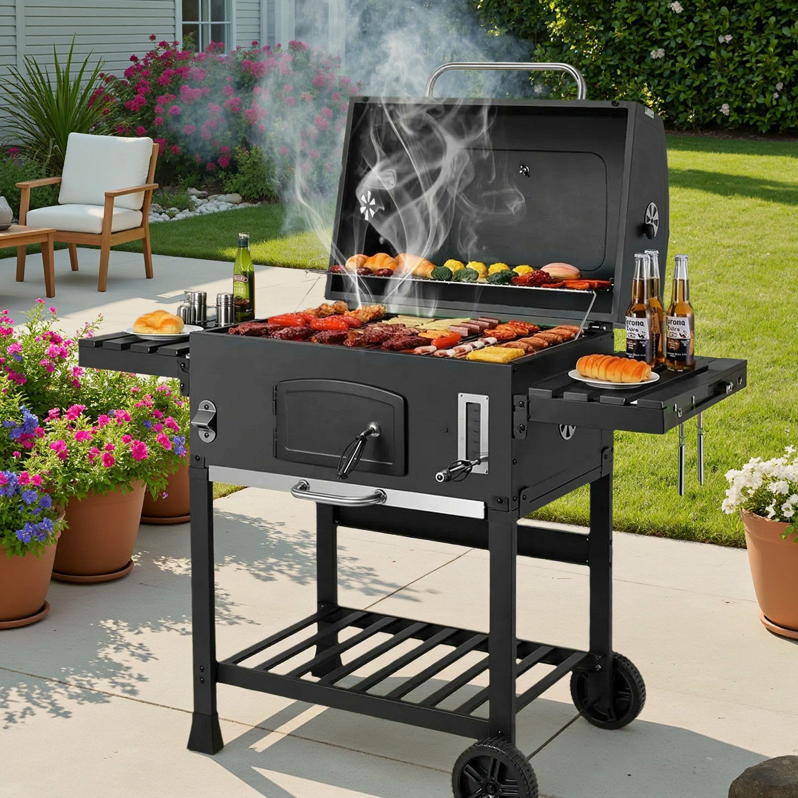 TLGREEN Holzkohlegrill BBQ Smoker mit Deckel XXL, Grillwagen Holzkohle mit Schornstein, Rädern und Thermometer, Höhenverstellbare Kohleschale, Groß Kohlegrillwagen für Camping