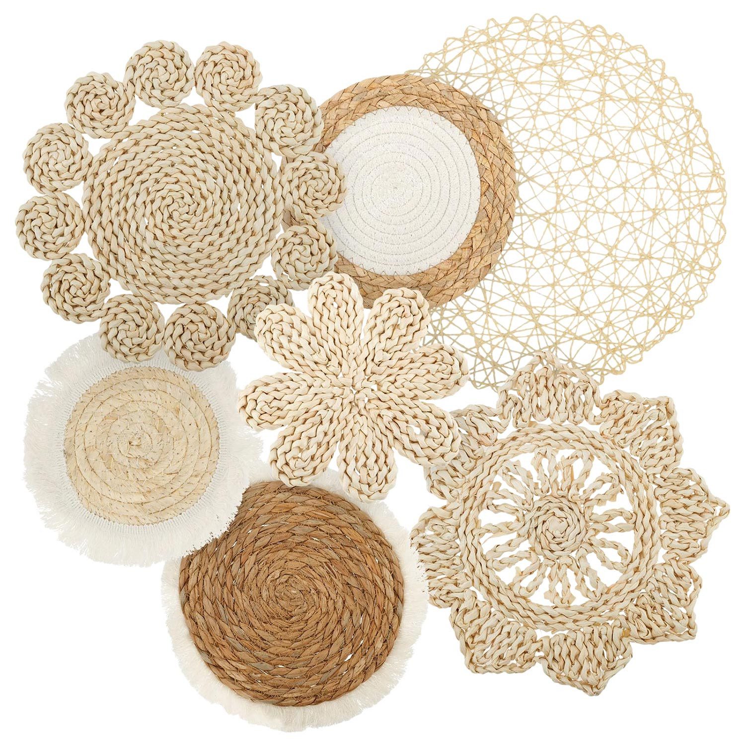 Refttenw Wanddekoobjekt Wandkorb Set 7 Stück Boho Gewebte Wandkorbdekoration (7 St), Seegras, Rattan, Rund, Flach, für Wohnzimmer Esszimmer