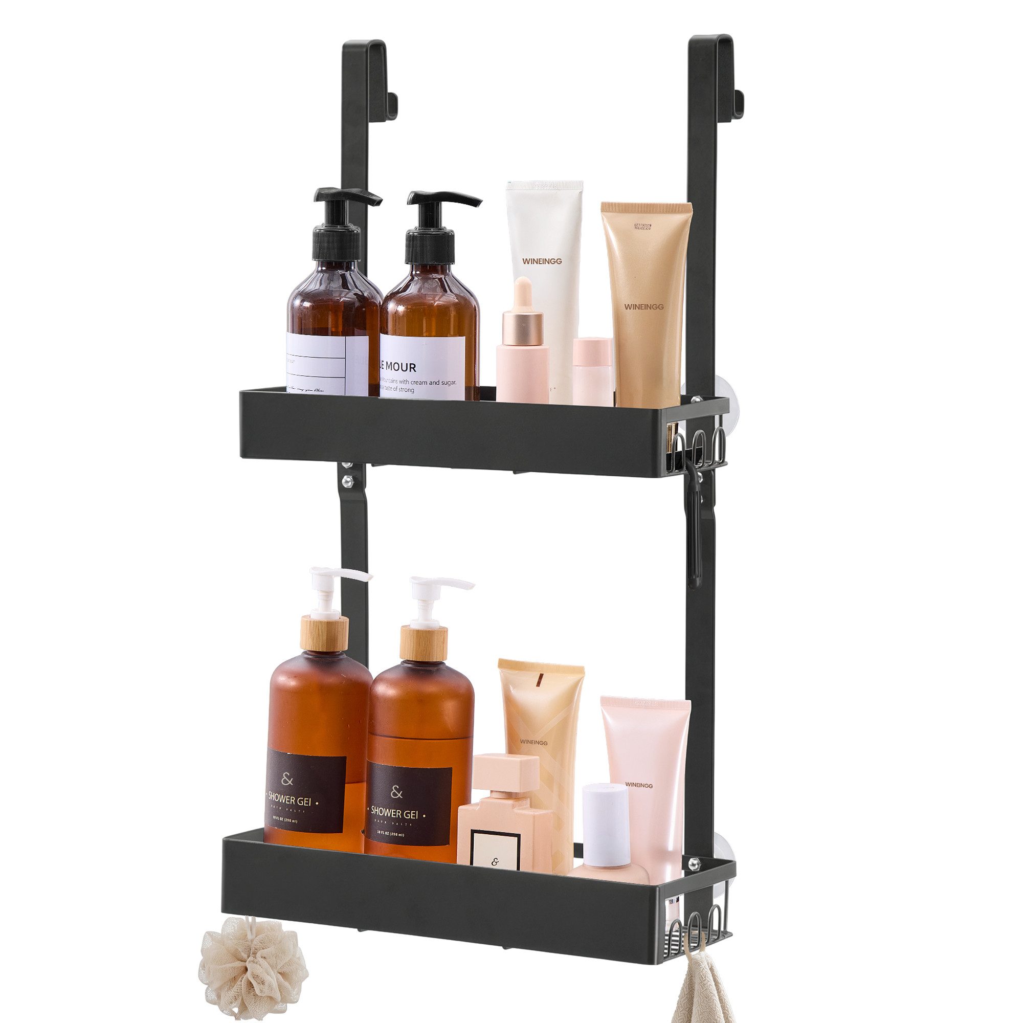 SONGMICS Duschablage Duschregal, 31,5 x 15,5 x 56 cm, 2 Ebenen Badezimmer Organizer mit Haken