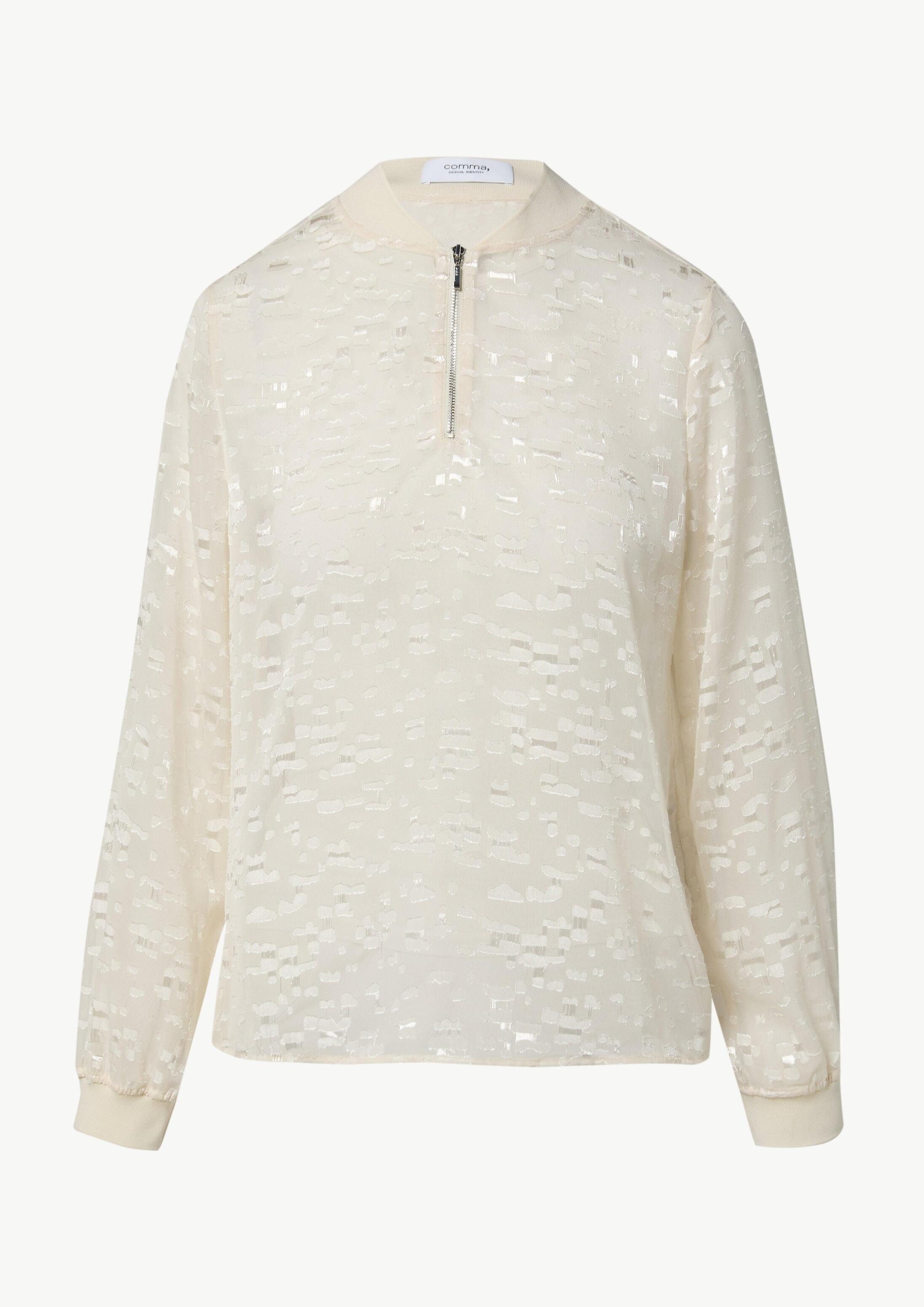 comma Langarmbluse Bluse Transparente Jacquard-Bluse mit Zip-Ausschnitt
