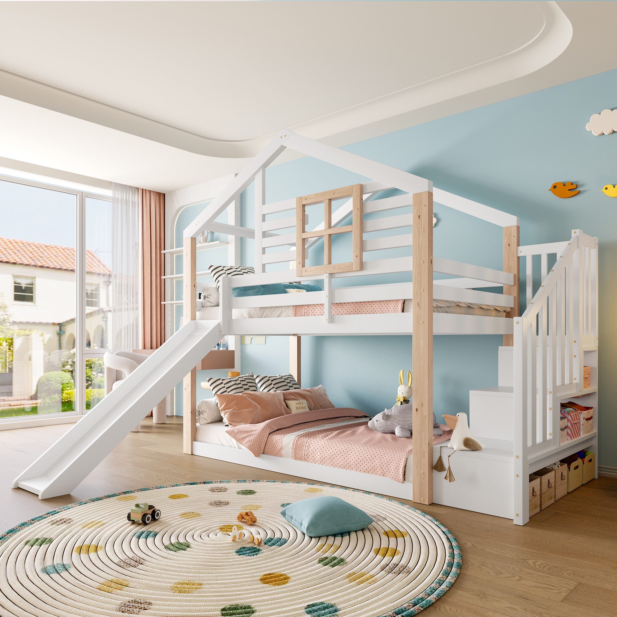 HAUSS SPOLE Etagenbett 90x200 mit Rutsche,Kinderbett Stockbett mit Geländer und Haus-Design (mit Rutsche & Treppe, Massivholz, skandinavisches Design, mit Stauraum, 90x200 cm), ohne Matratze