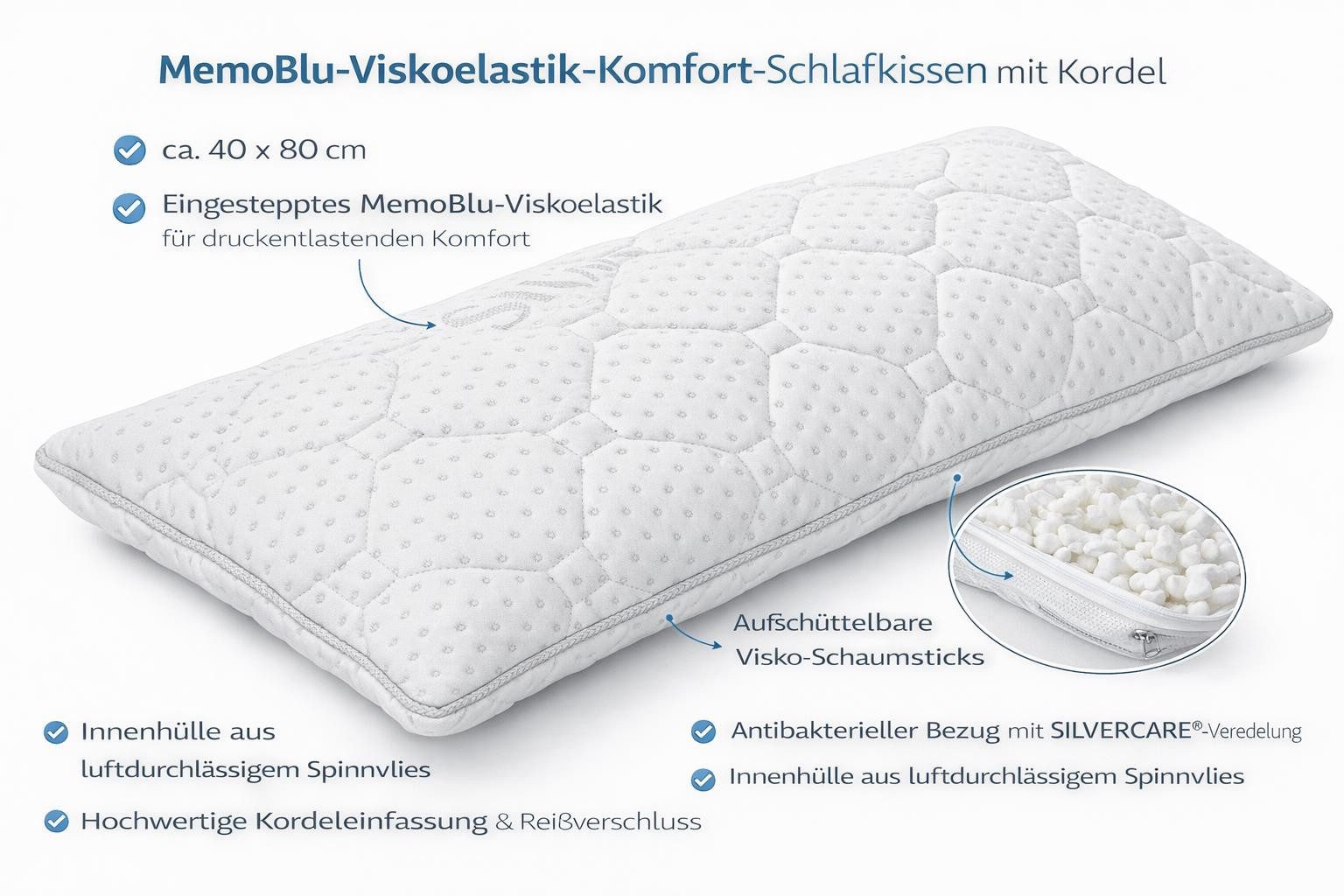 möbelando Kopfkissen Polarstern, Rückenschläfer, Seitenschläfer, Bauchschläfer, MemoBlu-Viskoelastik Kopfkissen 40x80 cm