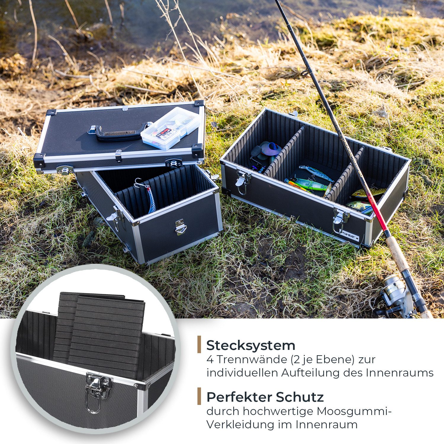 HMF Werkzeugkoffer geräumiger Utensilien Koffer mit Trennwänden, Transportkoffer, für Werkzeug, Angel Sachen und Kosmetik 44x32,5 x24 cm, schwarz