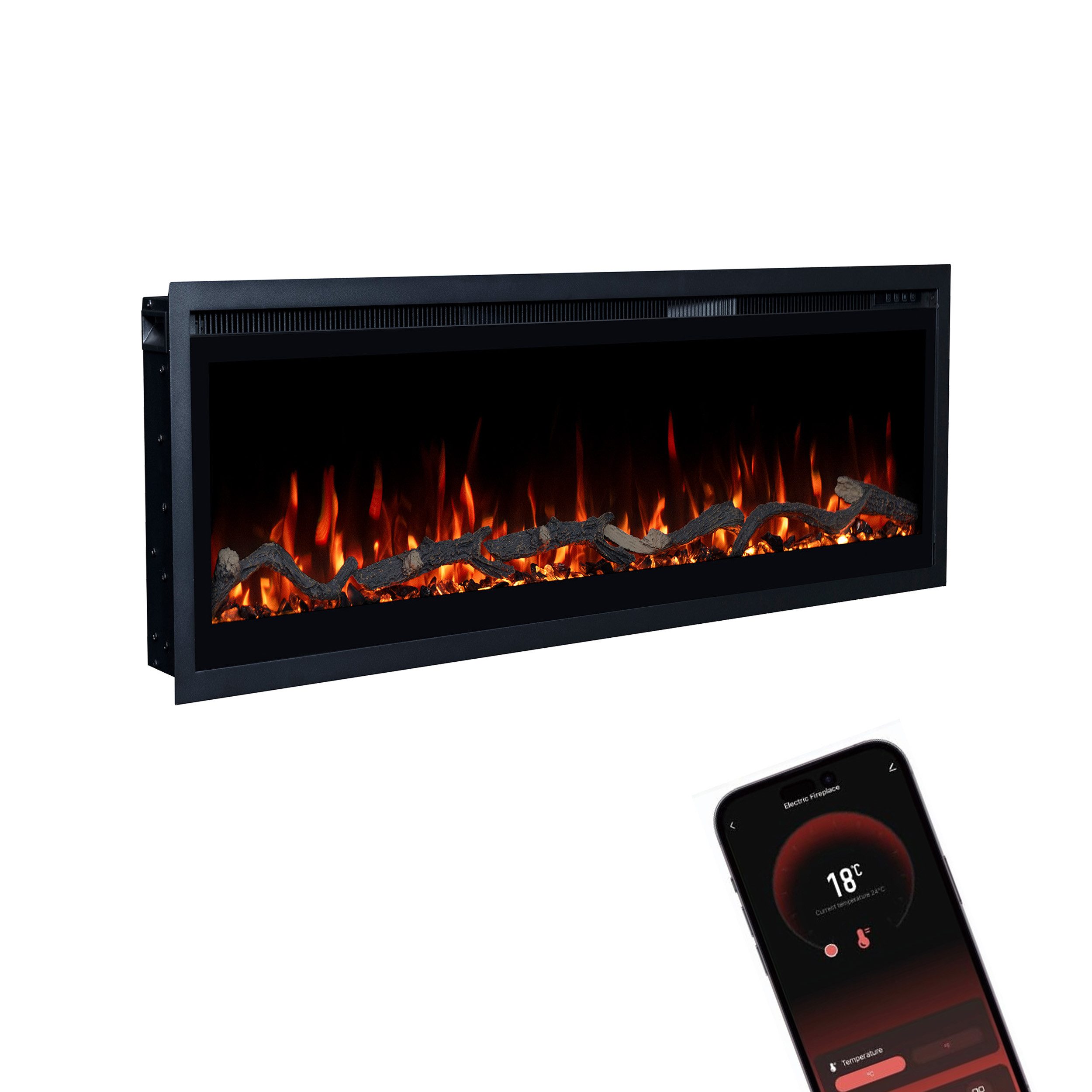 GLOW FIRE Elektrokamin Wandkamin Core, 3D Feuer und Heizung (Thermostat, bis 1800 W), Elektrischer Stand-, Wand- oder Einbaukamin mit APP Steuerung, LED