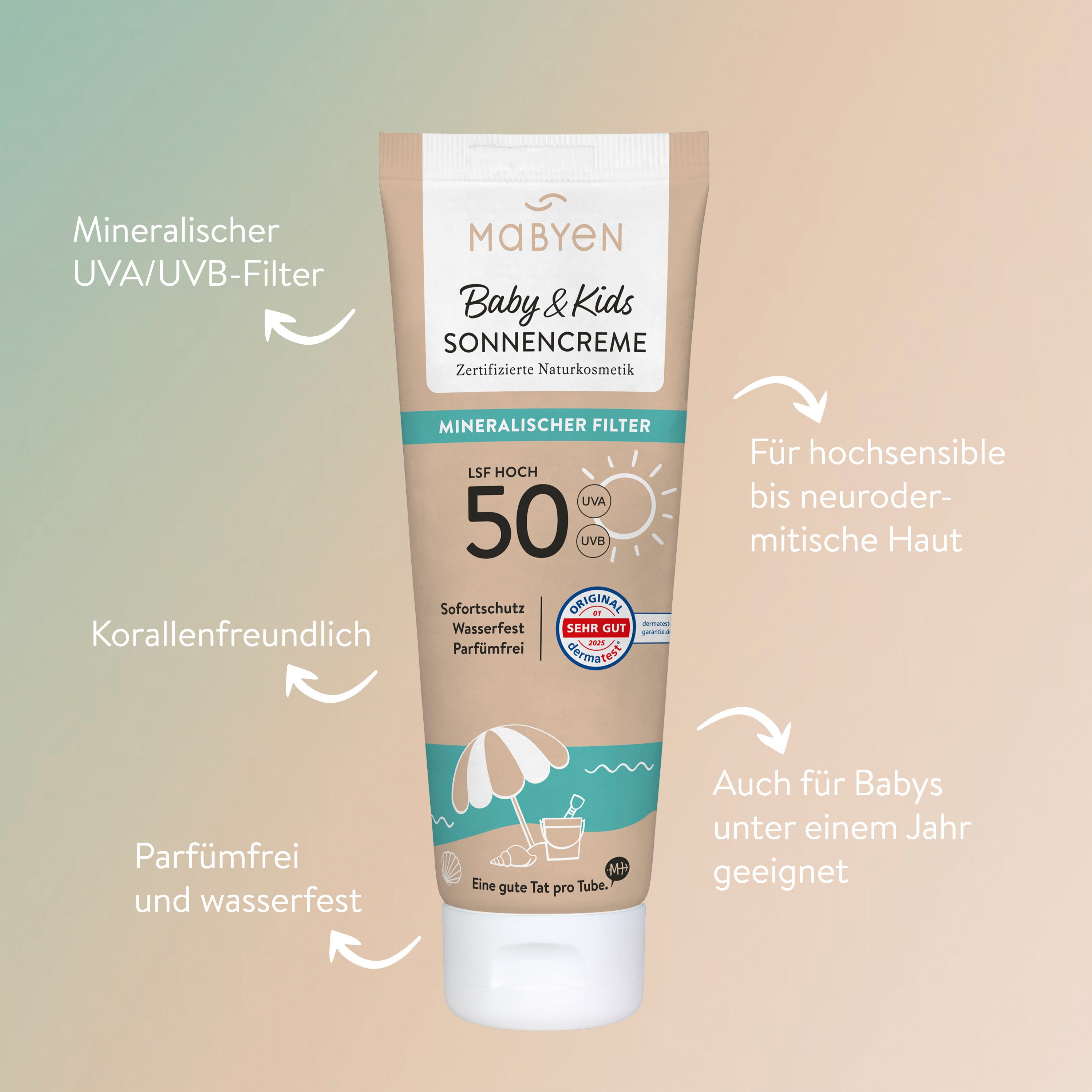 MABYEN Sonnenschutzcreme Baby & Kids Sonnencreme LSF 50, 100 ml, vegan, parfumfrei, wasserfest, 1-tlg., Für sensible Babyhaut geeignet, dermatologisch bestätigt