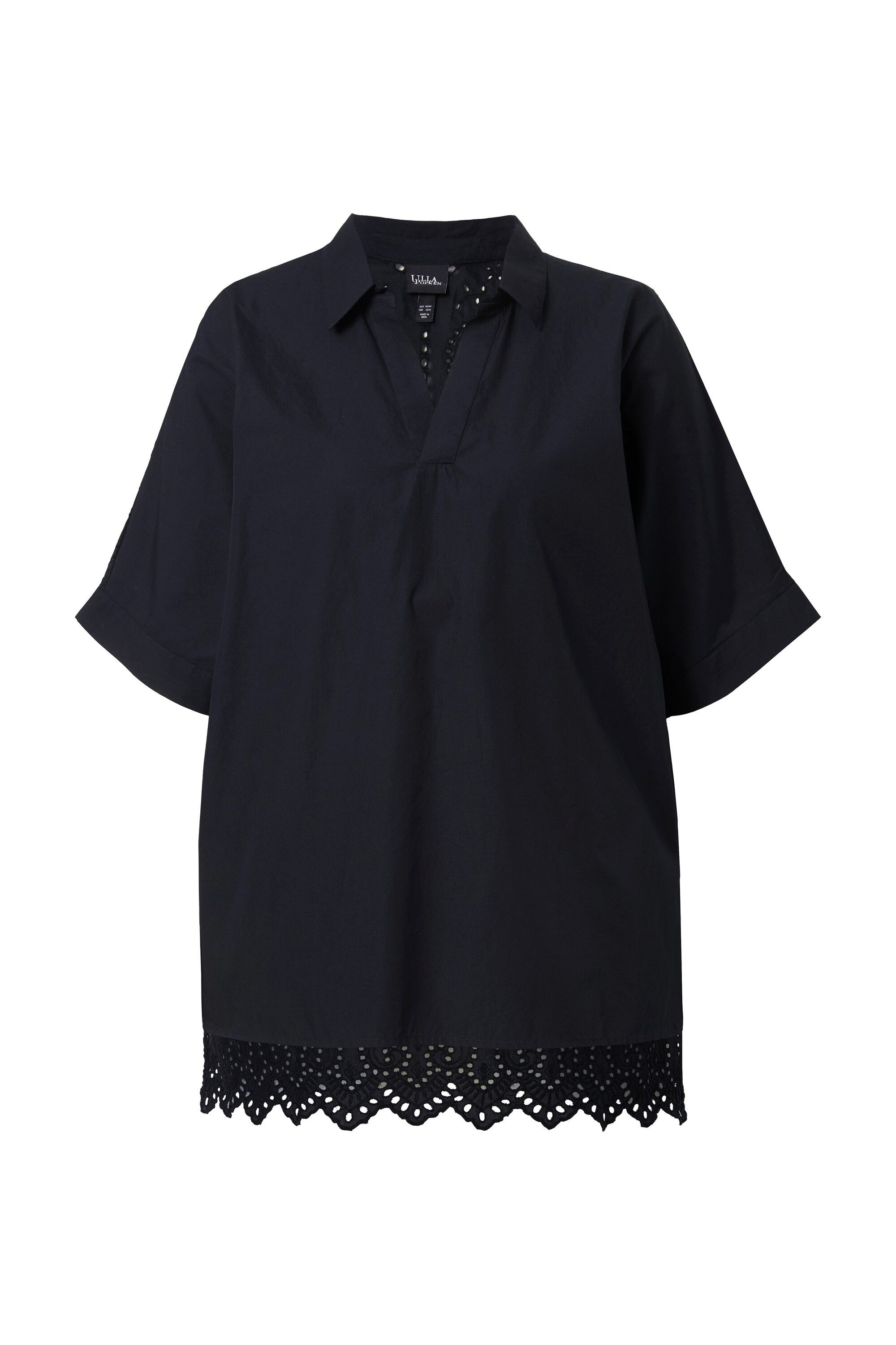 Hemdbluse Bluse Lochstickerei Oversized Hemdkragen Halbarm