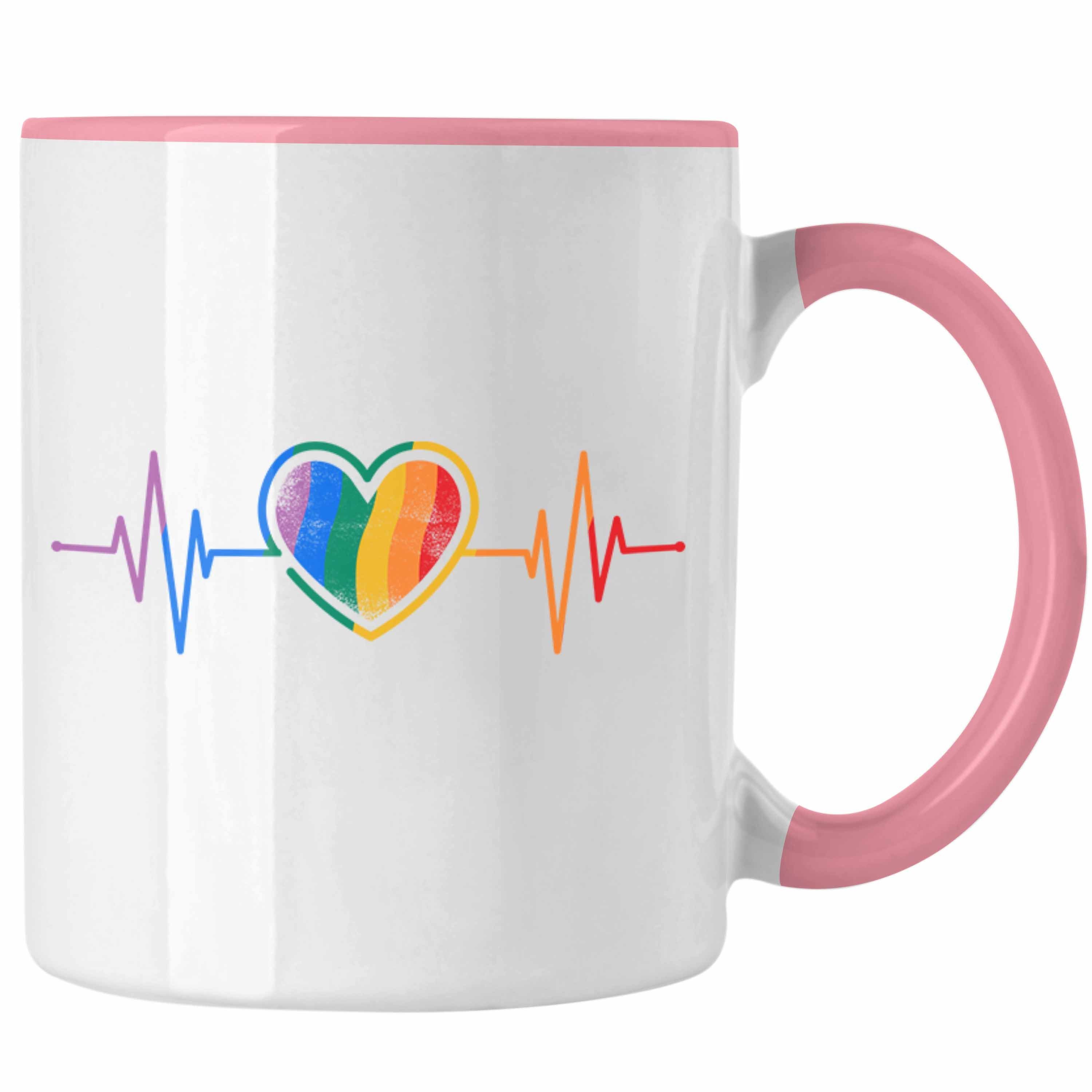 Trendation Tasse Trendation - LGBT Tasse Geschenk für Schwule Lesben Transgender Regenbogen Herzschlag Lustige Grafik Rosa