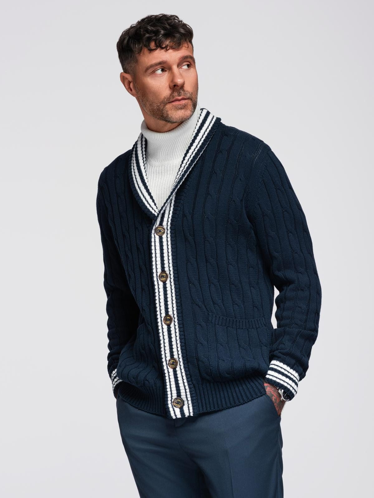 Strickjacke Herrenstrickjacke mit Schalkragen im Preppy-Stil