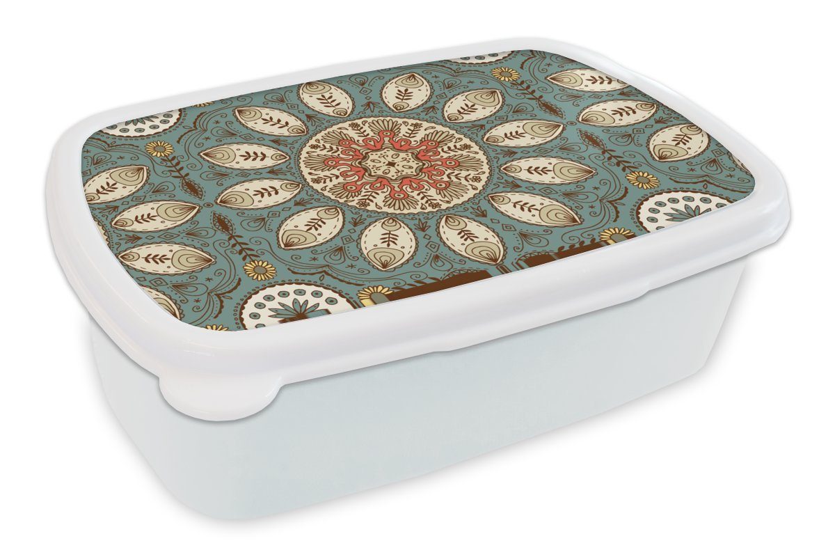 MuchoWow Lunchbox Mandala - Retro - Bohème - Muster, Kunststoff, (2-tlg), Brotbox für Kinder und Erwachsene, Brotdose, für Jungs und Mädchen weiß