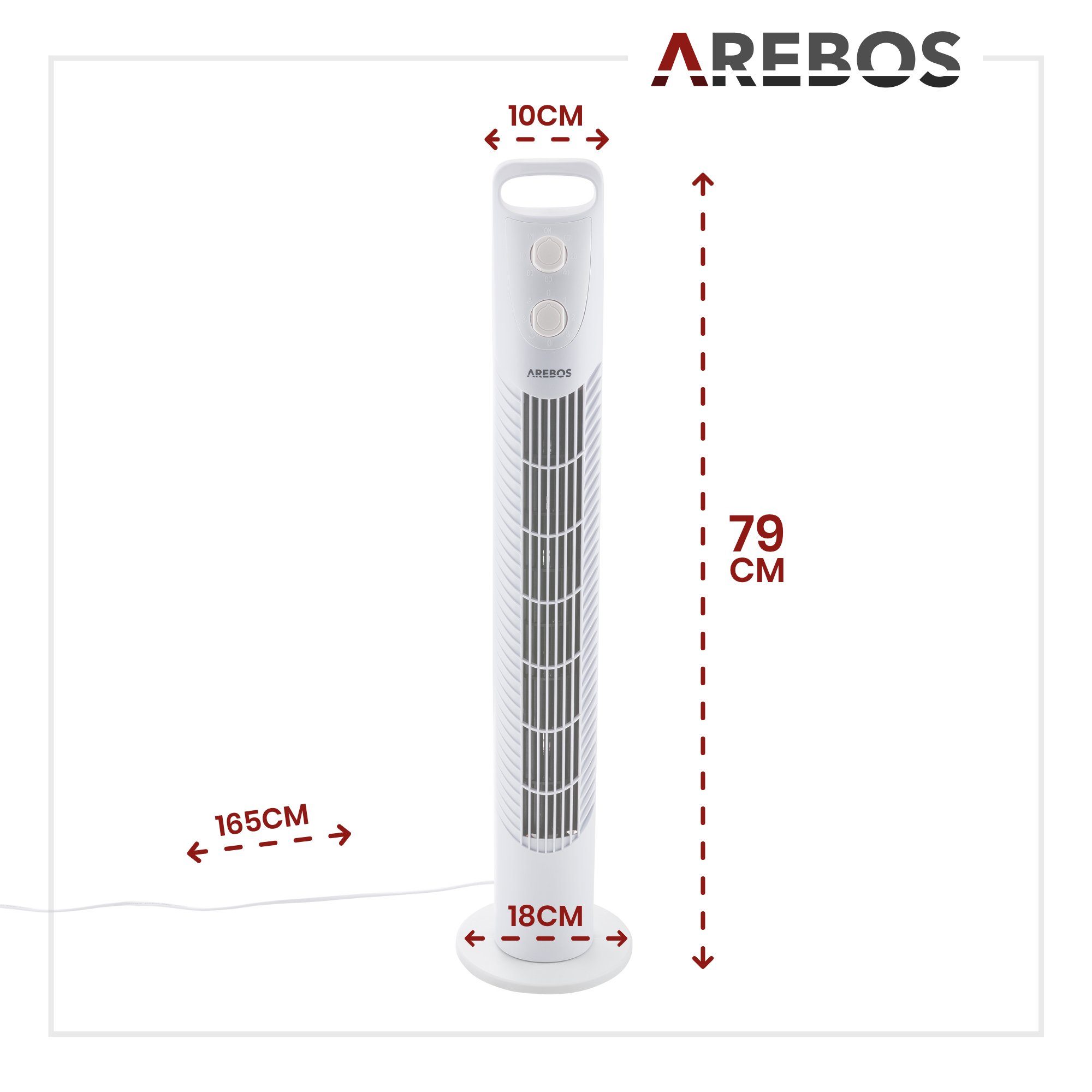 Arebos Turmventilator mit Timer, Weiß 75°-Oszillation, 40 cm 78,00 Watt, Durchmesser