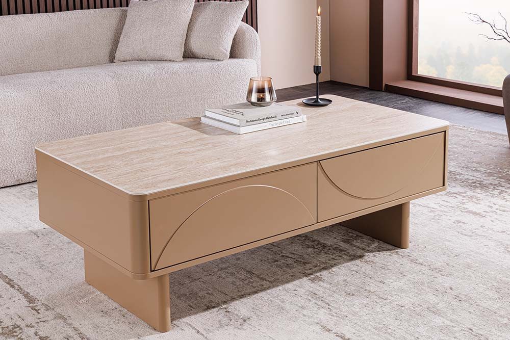 riess-ambiente Couchtisch SAVOY 120cm grau/beige/greige-Keramik, Travetin, Schubladen, Stauraum (Einzelartikel, 1-St), Zeitloser Couchtisch in Marmoroptik - ideal für Wohn- und Schlafzimmer