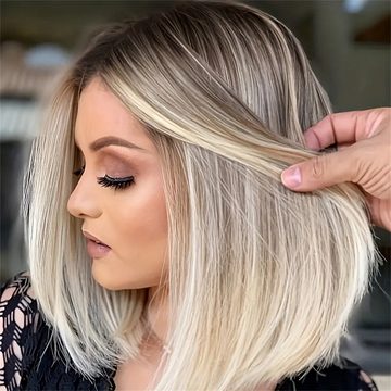 RefinedFlare Toupet Kurze gerade Bob-Perücke für Damen, blonde Highlights, Mittelteil