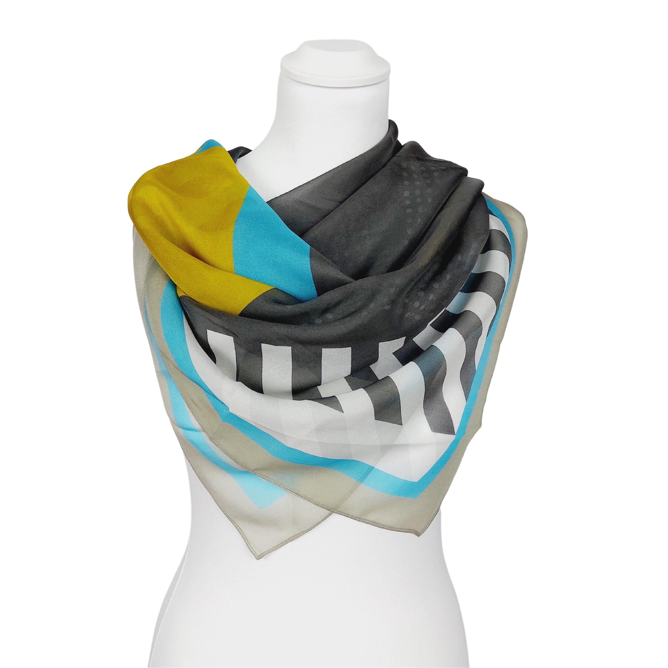 TINITEX Seidenschal Seidentuch Halstuch Patchwork Grafik grau blau gelb
