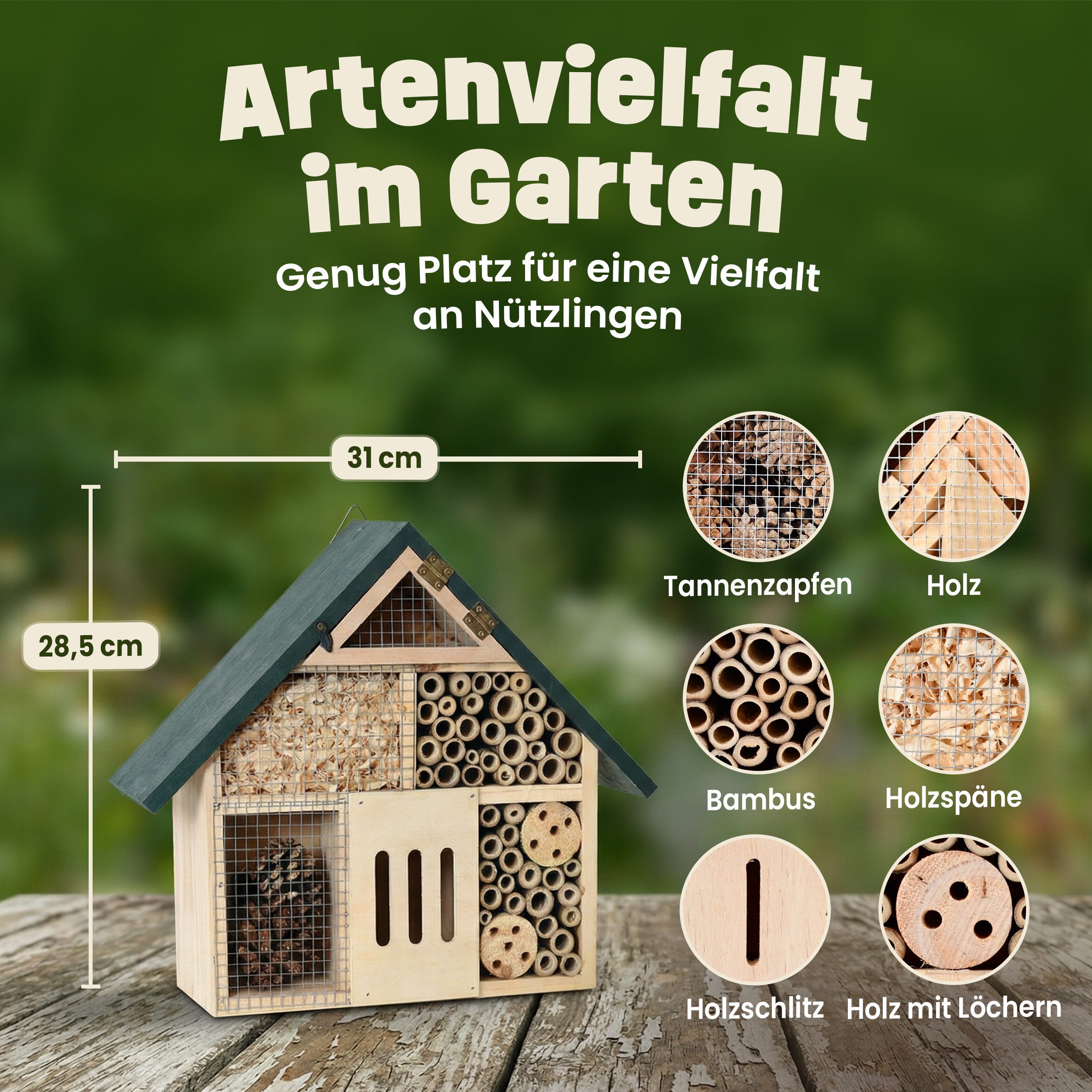 Zooprinz Insektenhotel Insektenhaus zum Aufhängen XXL 28,5 x 41 cm Vollholz, Tannenzapfen, Bambus, Holzspäne, Holzschlitz, Holz mit Löchern