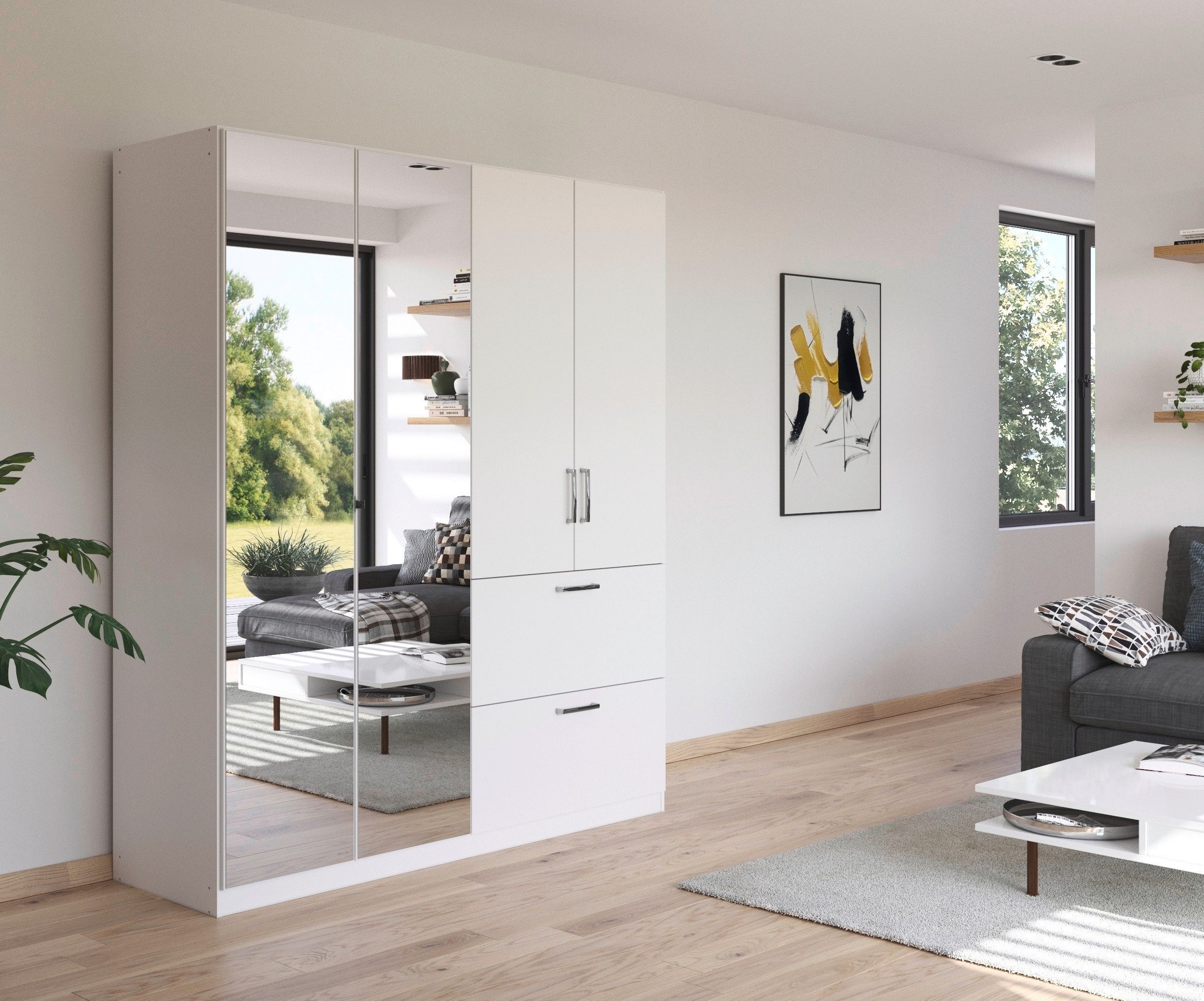 rauch Drehtürenschrank Kleiderschrank Schrank Garderobe Schlafzimmerschrank PADUA voll aufgelegte Spiegeltüren, zwei große Schubladen MADE IN GERMANY