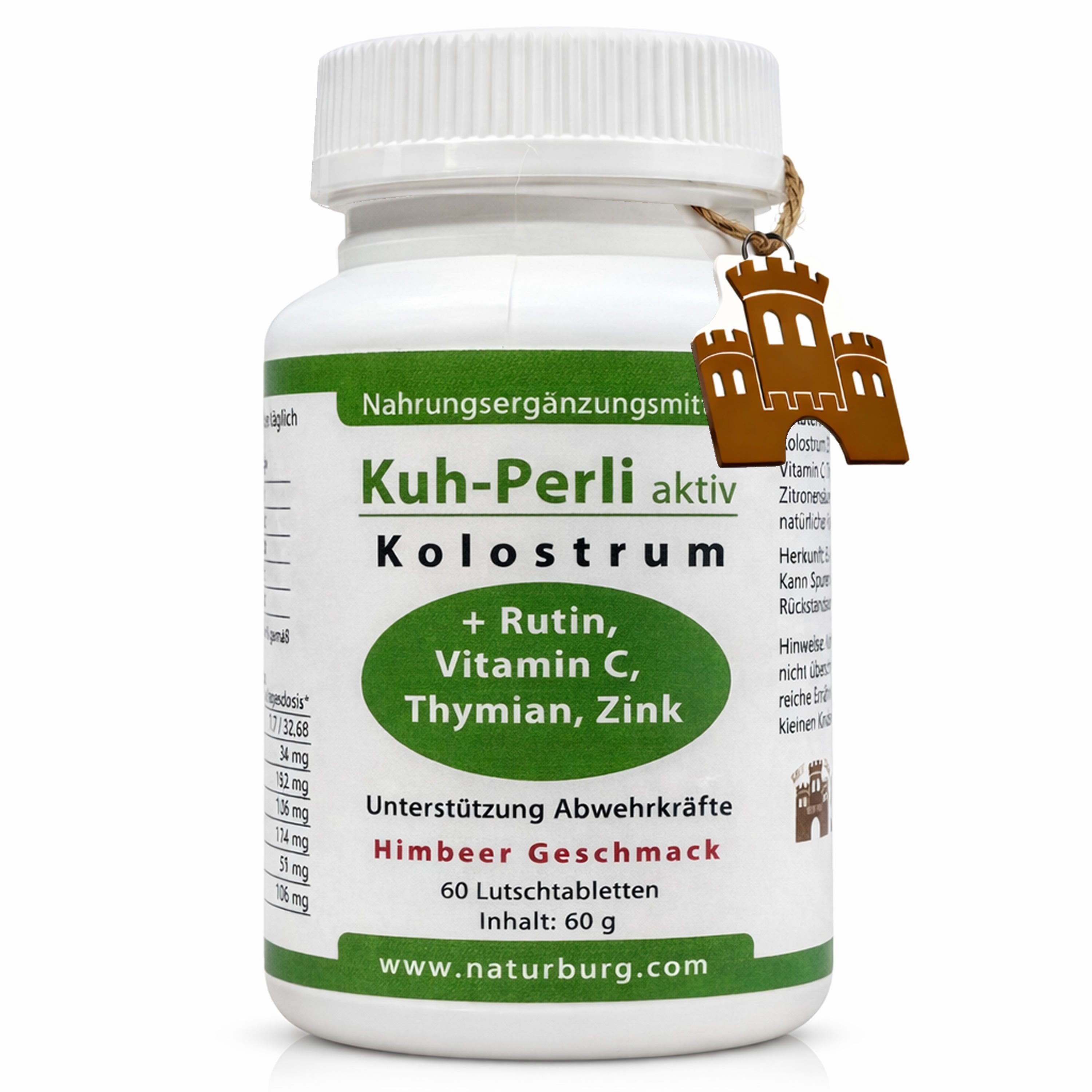 NaturBurg Kuh-​Perli aktiv 60 Kolostrum Lutschtabletten Himbeere Lutschtablette, 60 er 60 St., 60 g
