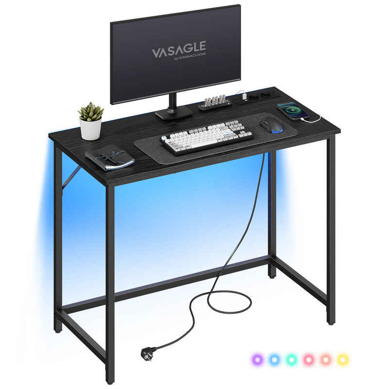 VASAGLE Schreibtisch, Gaming-Tisch mit LED-Beleuchtung, Steckdosenleiste, 50 x 100 x 76 cm