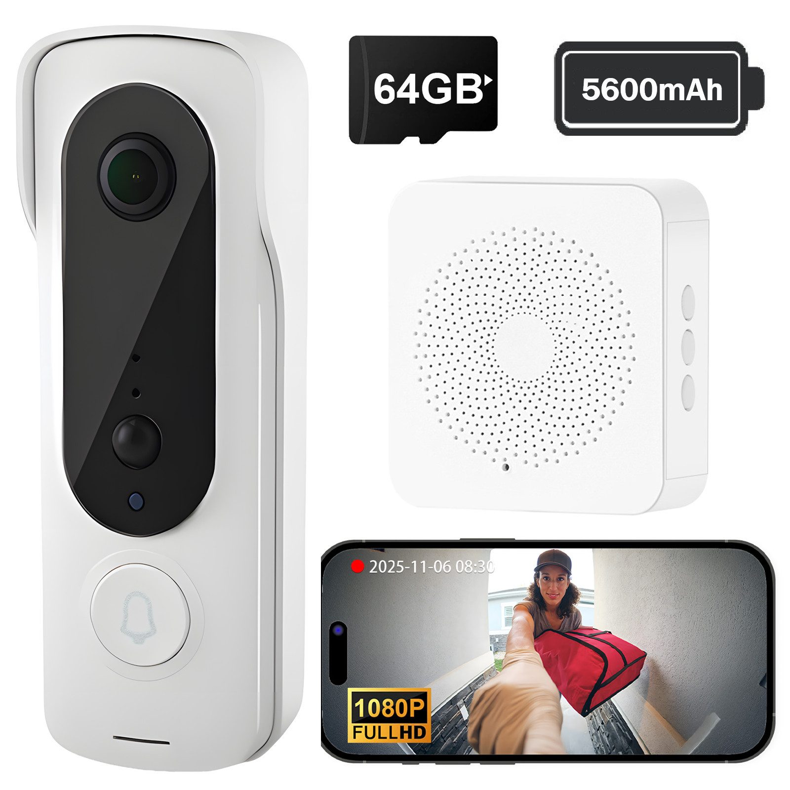 Novzep Türklingel-Set WLAN Türklingel Smart Home VideoTürklingel Funkklingel, Электропроводlose, 38 Klingeltöne, (64G TF & CloudSpeicher AI PIR -Bewegungserkennung), Außenbereich Nachtsicht 2-Wege-Audio 120° Blickwinkel