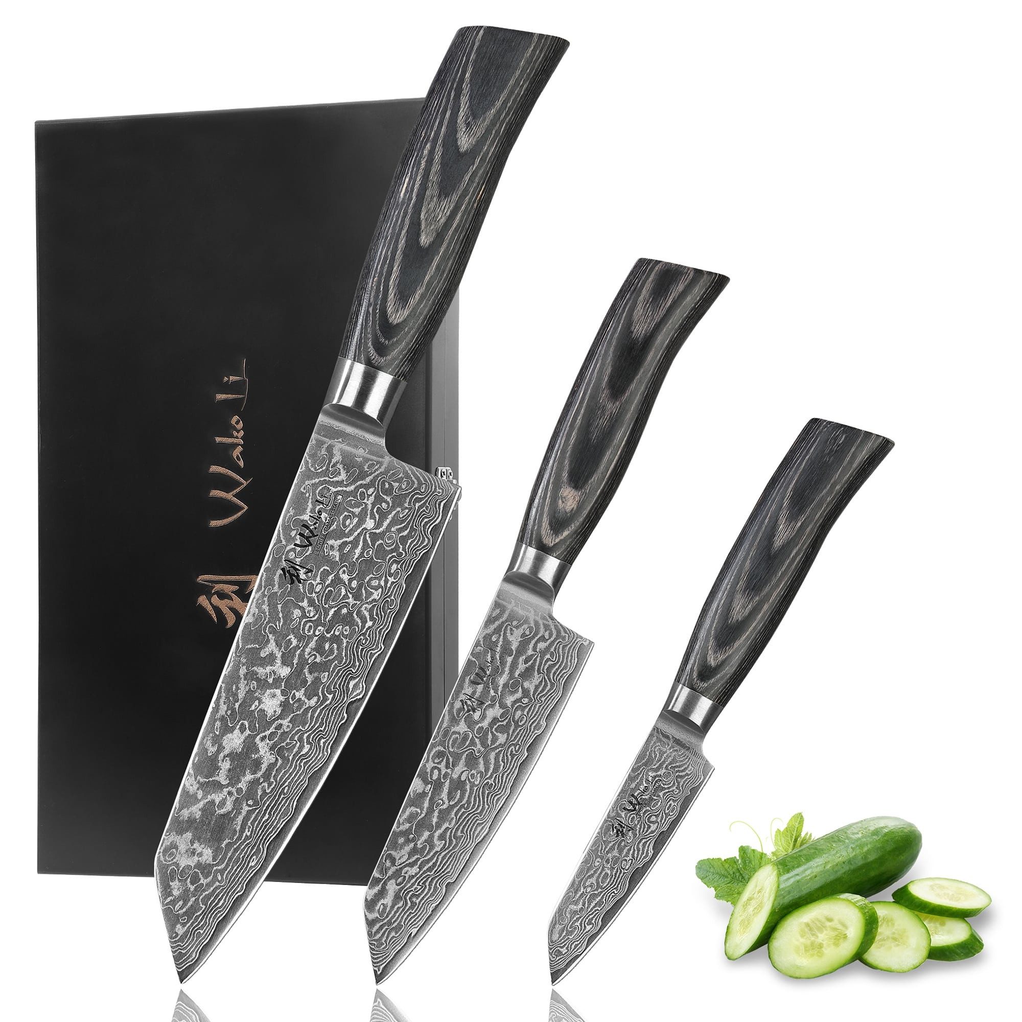 Wakoli Messer-Set Edib Pro Black 3 Damastmesser Küchenmesser Kochmesser 11-17cm Klingen (Damastmesser mit Geschenkbox, 3-tlg., 3er Damastmesser-Set mit Holzbox), 67 Lagen Damaststahl, VG-10 Stahlkern