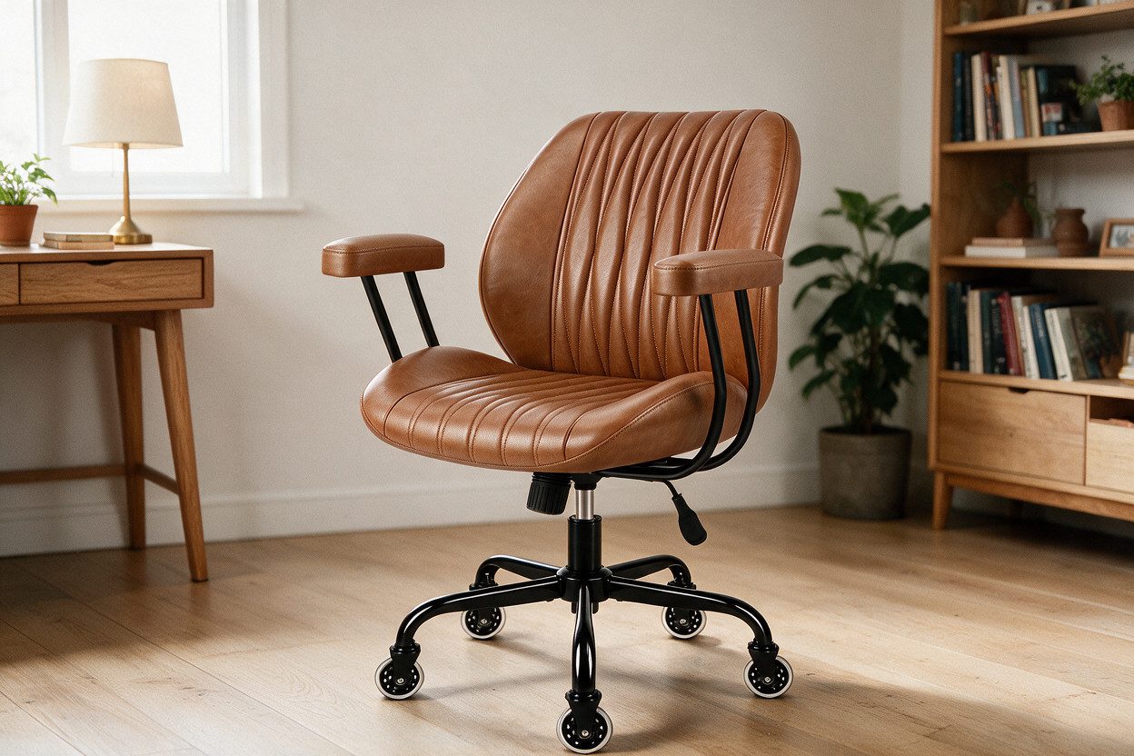 Hoolamyie Schreibtischstuhl, Bürostuhl, PU-Kunstleder mit Holzoptik, 360° drehbar (Drehstuhl im Retro‑Design, höhenverstellbar, verstellbare Rückenlehne, Bürostuhl mit leisen Rollen)