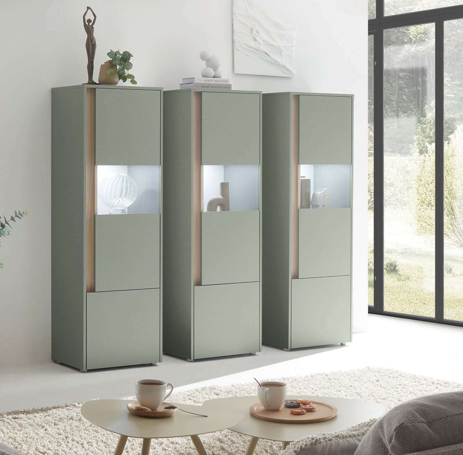 Furn.Design Schrank-Set Center, (Komplett-Set, 3x Vitrine in Salbei Grün mit Eiche), verschiedene Stellmöglichkeiten