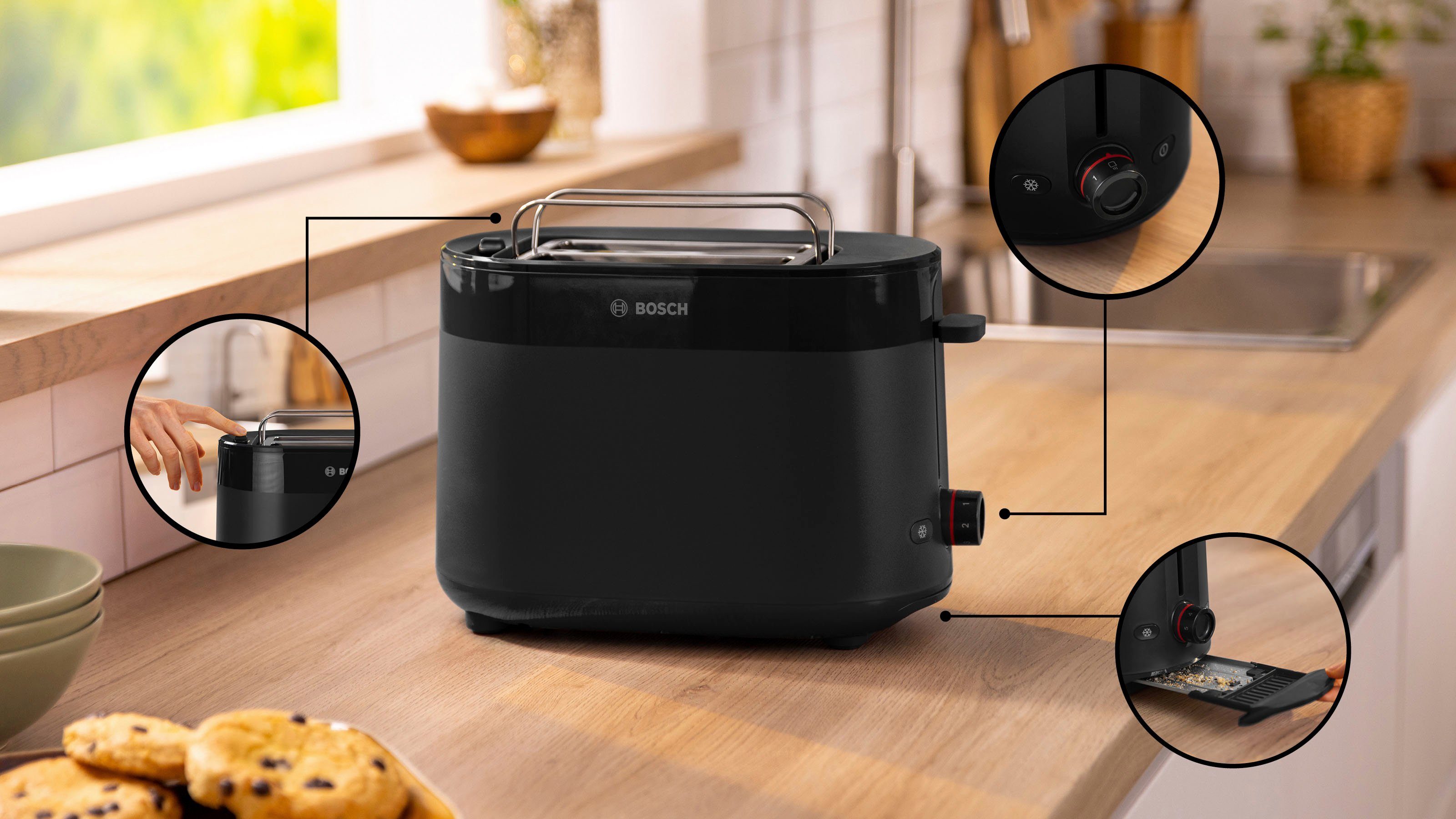 BOSCH Toaster MyMoment TAT2M123, 2 Schlitze, für 2 Scheiben, 950 W, integrierter Brötchenaufsatz, Auftaufunktion, Brotzentrierung, AutoOff