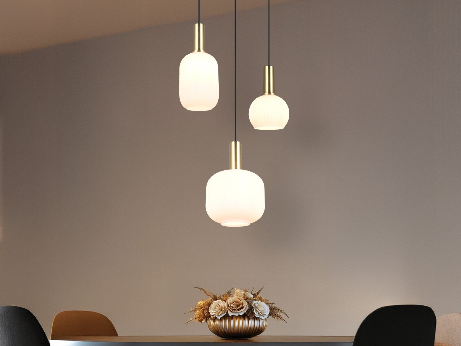 TRIO Leuchten LED Pendelleuchte, Dimmfunktion, LED wechselbar, warmweiß, Cluster Lampenschirm-e Glas hängend Esstisch & Treppenhaus Gold, Ø38cm