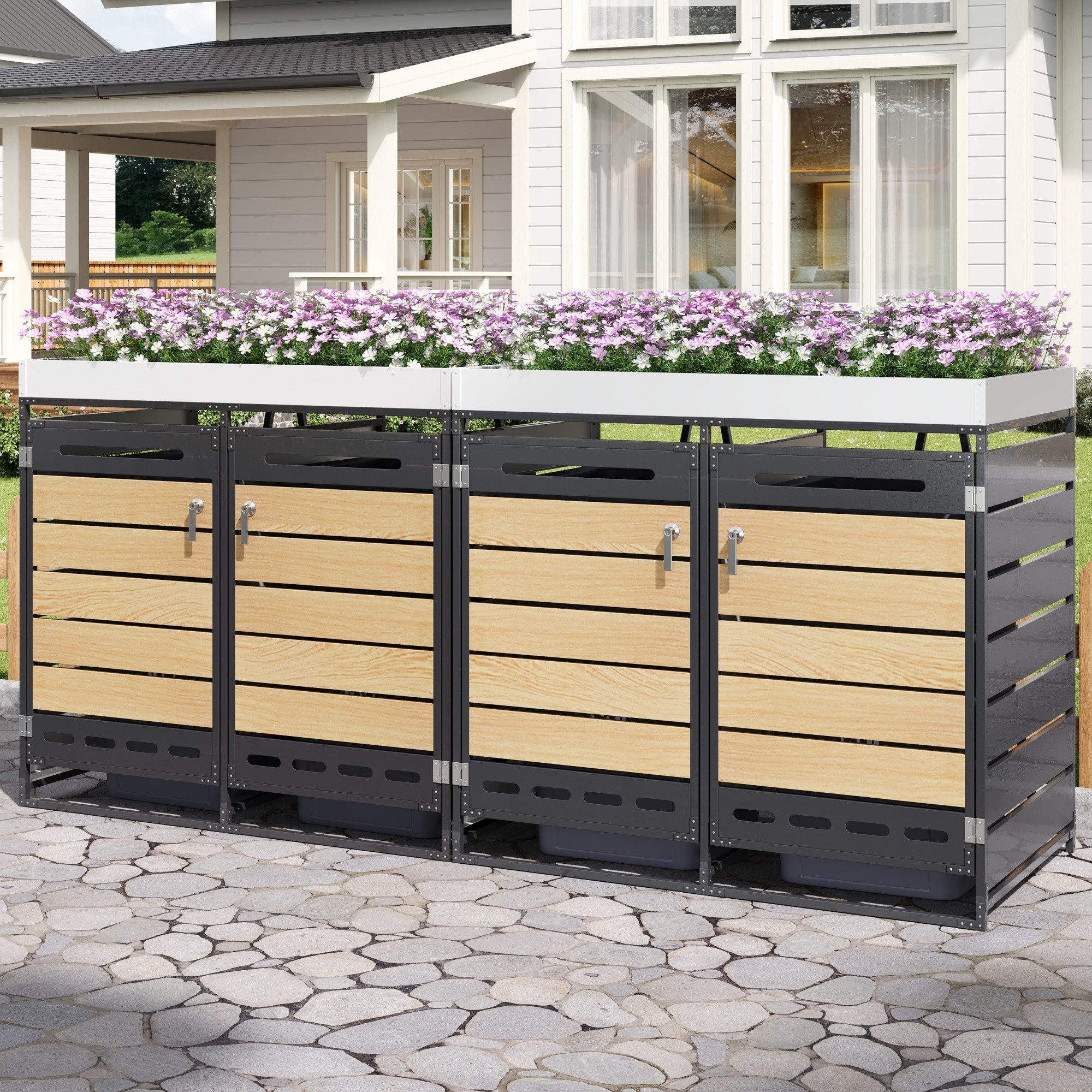 Flieks Mülltonnenbox, Mülltonnenschrank für 4 Tonnen 120–240L mit Pflanzkasten & Schloss