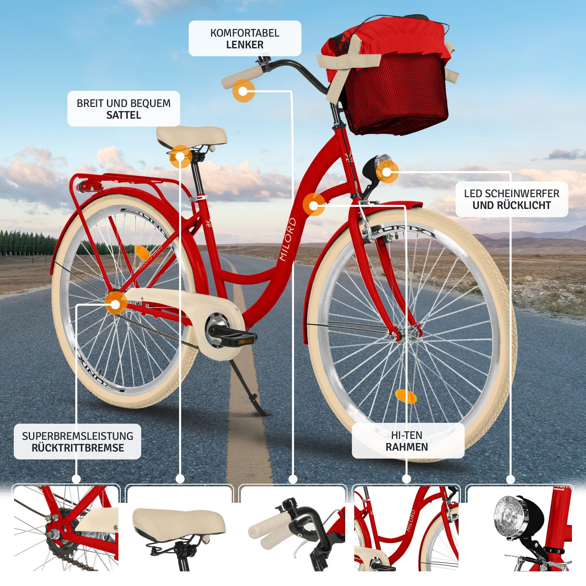Milord Cityrad Milord City Fahrrad Korb Damenfahrrad, 28/26 Zoll, Rot, 1-Gang, 1 Gang, (Fahrradständer, Gepäckträger, Klingel, Korb, Kotflügel)