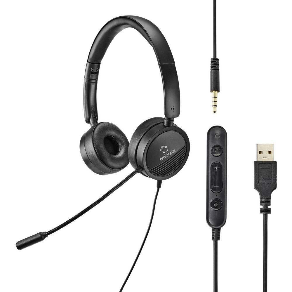 Renkforce 2-in-1-Headset mit 3.5 mm-Stecker & USB-Inline-Steuerung RF-4737358 Kopfhörer (Lautstärkeregelung, Mikrofon-Stummschaltung)