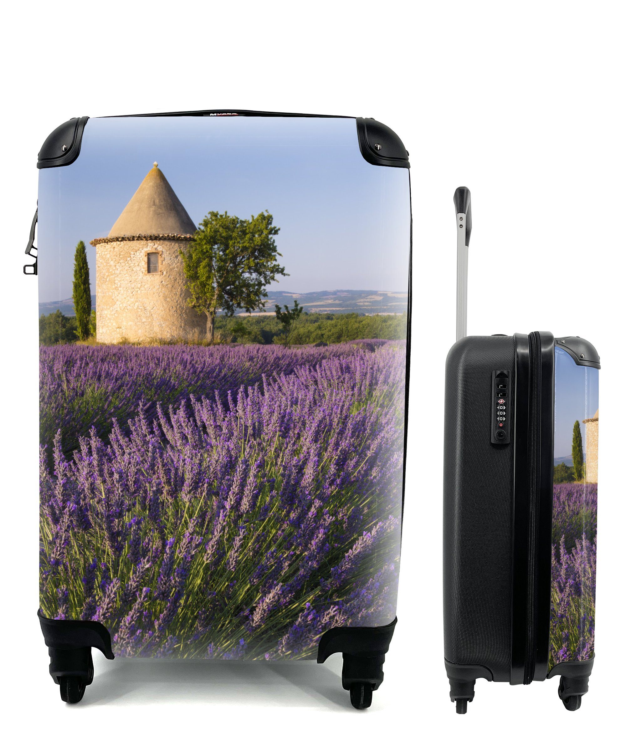 MuchoWow Handgepäckkoffer Runder Turm auf einem Lavendelfeld in Frankreich, 4 Rollen, Reisetasche mit rollen, Handgepäck für Ferien, Trolley, Reisekoffer