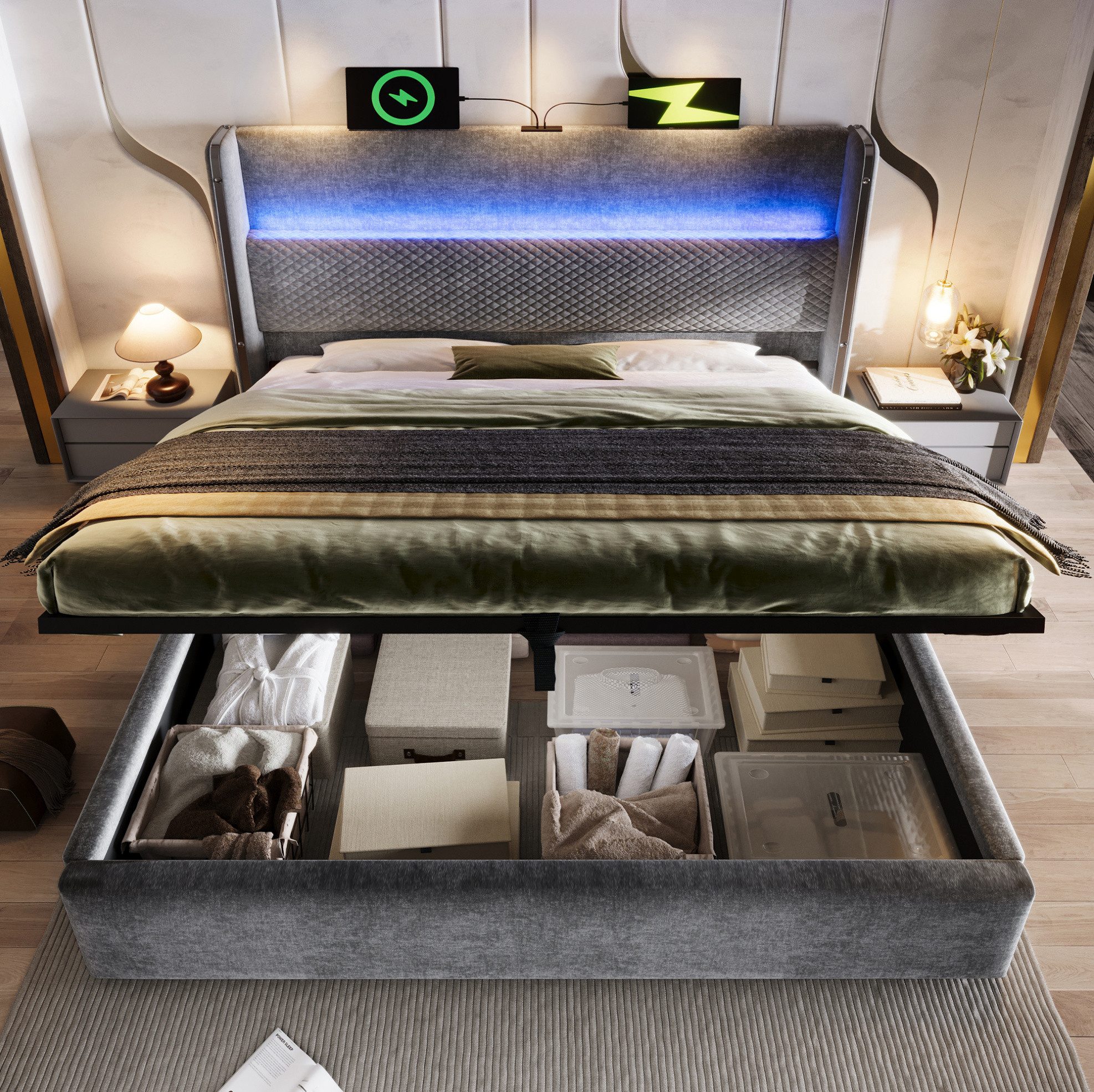 MODFU Polsterbett Doppelbett mit hohem Kopfteil & hydraulischem Stauraum (Packung, Grau, 160×200 cm, Leinen, für Schlafzimmer), LED, USB/Type-C, mit Matratze