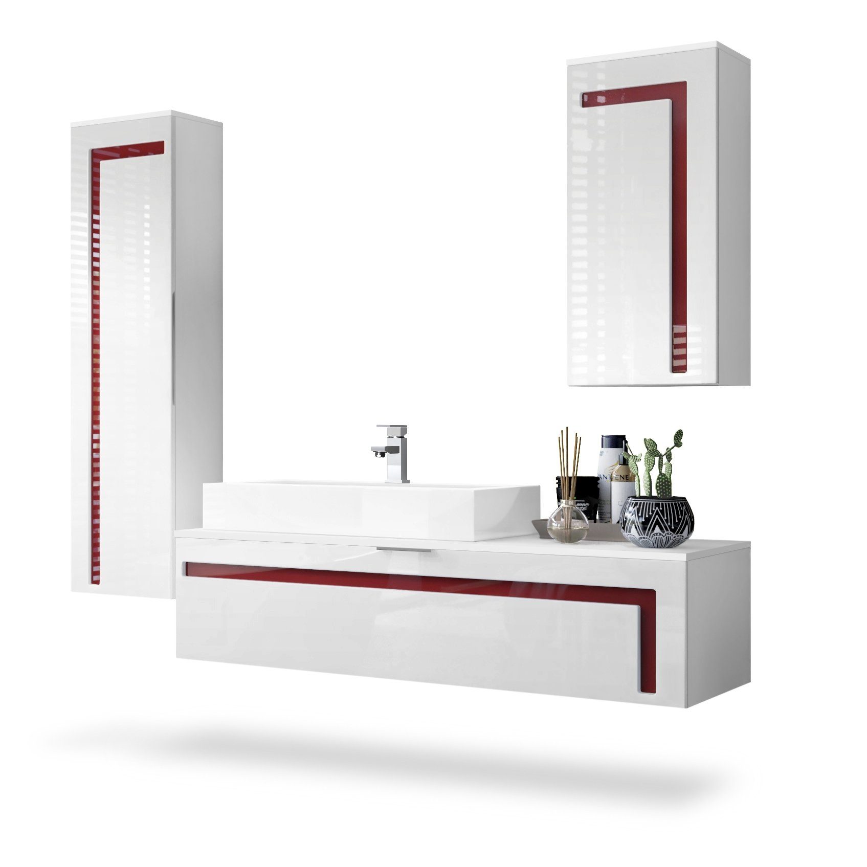 Vladon Badmöbel-Set Aloha, (Badezimmer-Set mit 2 Hochschränken, 1 Unterschrank und 1 Waschbecken mit Armatur), Weiß matt&glänzend, Absetzungen in Bordeaux glänzend (210x51x185 cm)