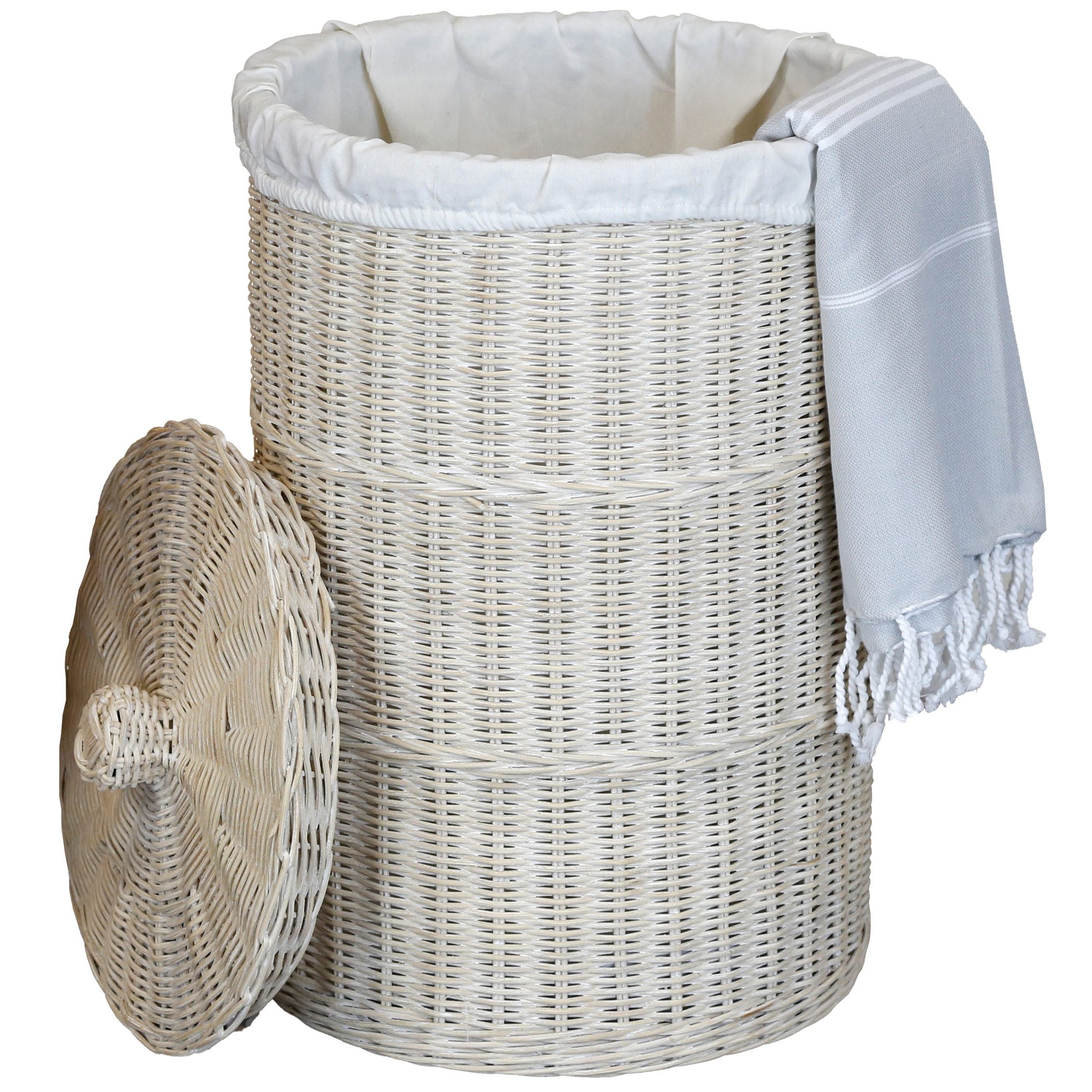 Casa Moro Wäschekorb Wäschekorb mit Deckel Rattan 50L Wäschesammler White Wash (Wäschekorb + Baumwollsack), handgeflochten, mit Deckel, inklusive Baumwollsack, luftdurchlässig
