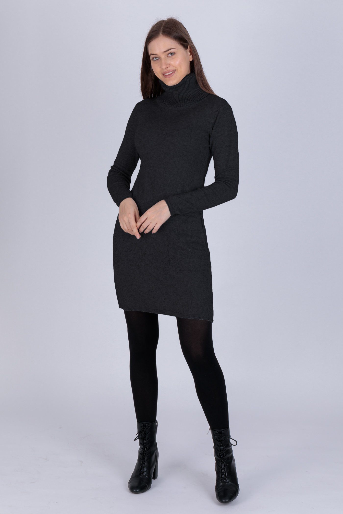 Minikleid Damen PEKIVESSA (1-tlg) Strickkleid mit Longpullover Rollkragen langarm schwarz