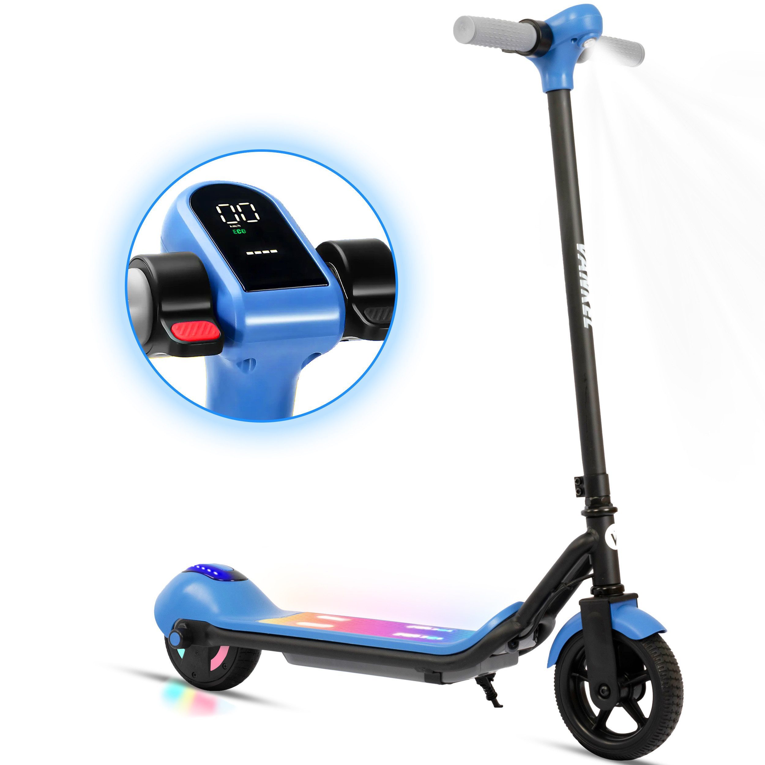 Vankel Elektro-Kinderroller Cityroller, E Scooter für Kinder, 6-12 Jahre, Bluetooth+Bunte Lichter, 14km/h, bis zu 10km, nur 7kg, Tragfähigkeit 60 kg