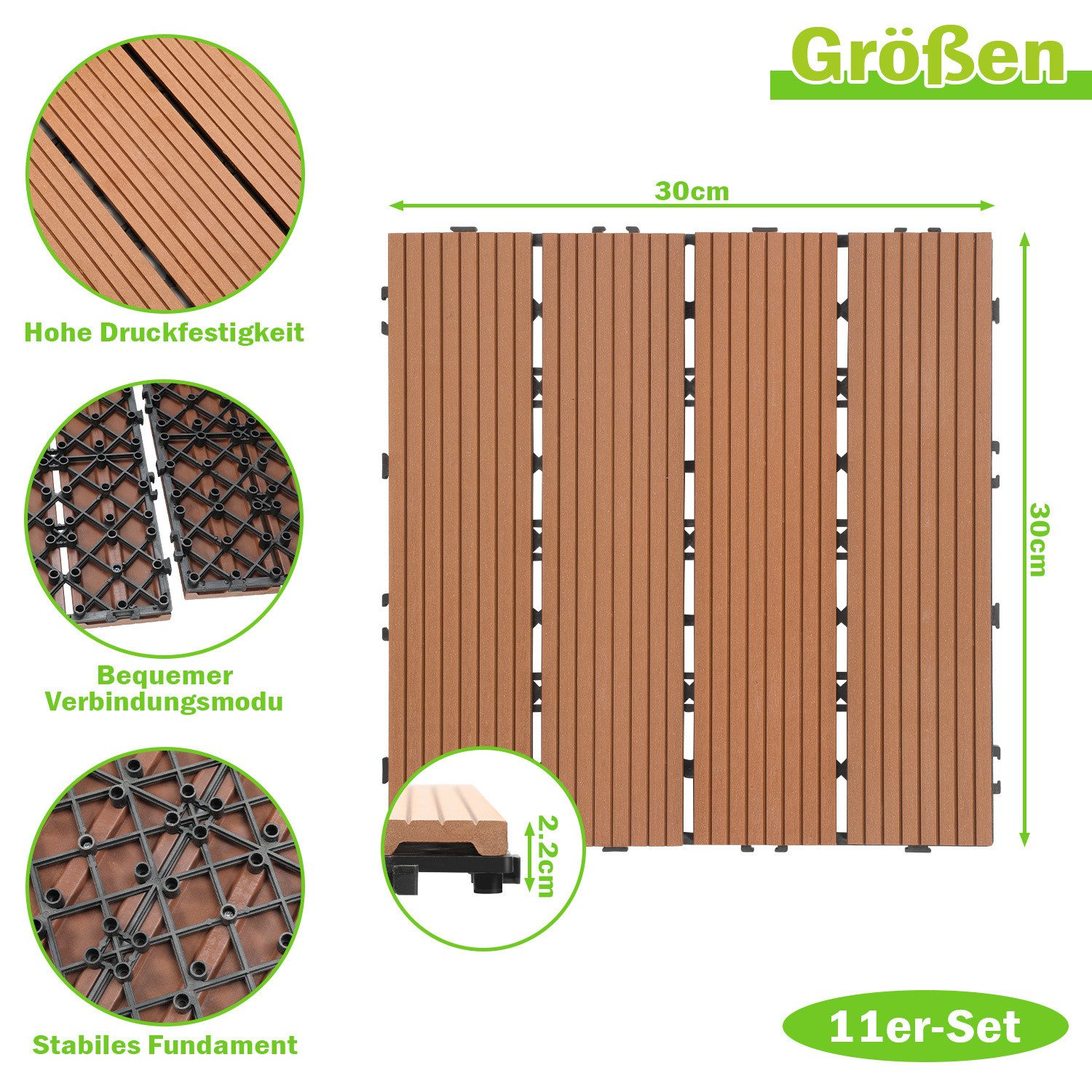 Clanmacy Terrassendielen WPC Terrassenfliesen in Holzoptik Garten Balkon mit Drainagensystem, (11-St)